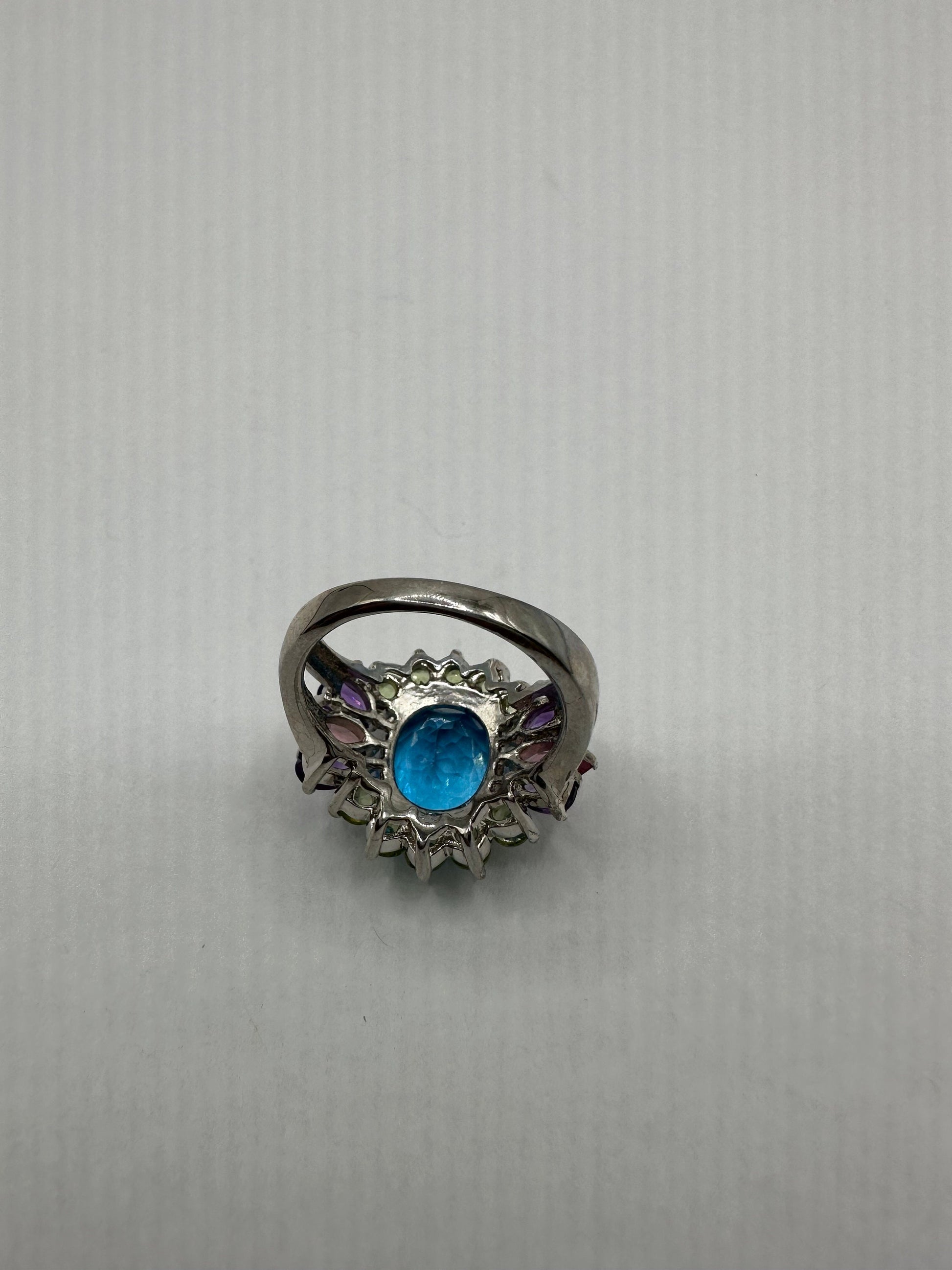 Vintage geniune blue topaz mix gemstone 925 sterling silver cocktail Ring