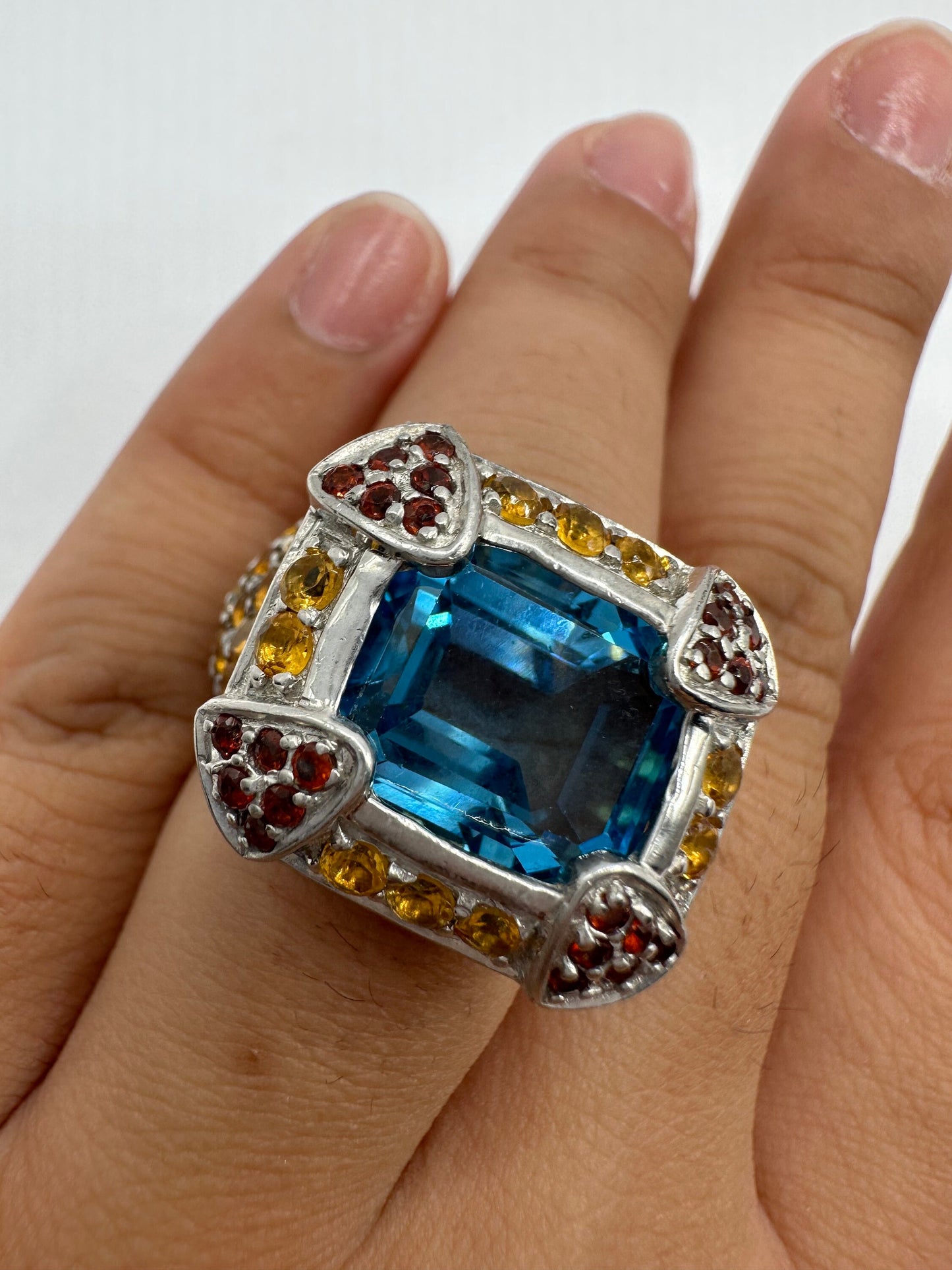 Vintage geniune blue topaz mix gemstone 925 sterling silver cocktail Ring