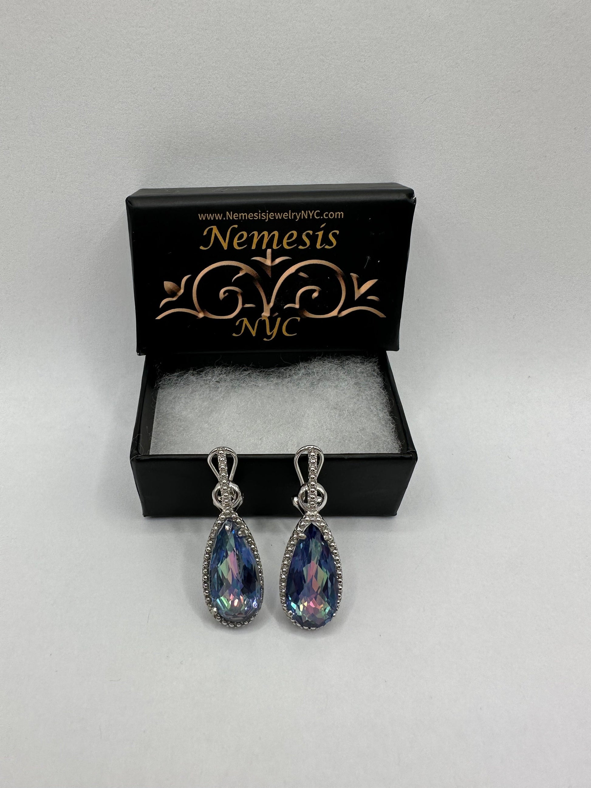 Vintage Blue Mystic Topaz White Sapphire 925 Sterling Silver Drop Earrings