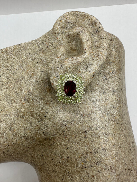 Vintage Handmade 925 Sterling Silver Bohemian Garnet Peridot Stud Earrings