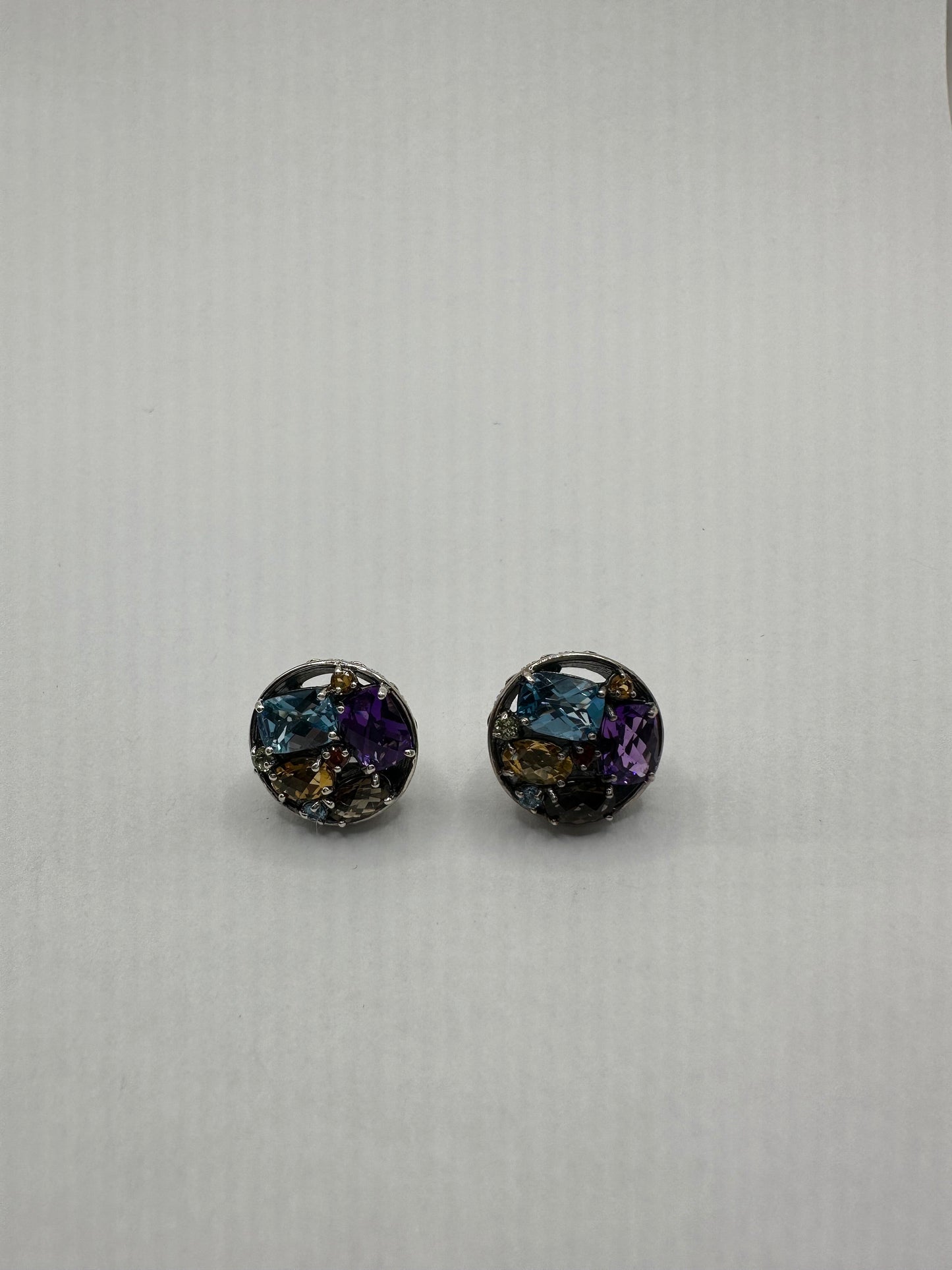 Vintage Mixed Genuine Gemstone 925 Sterling Silver Button Stud Earrings