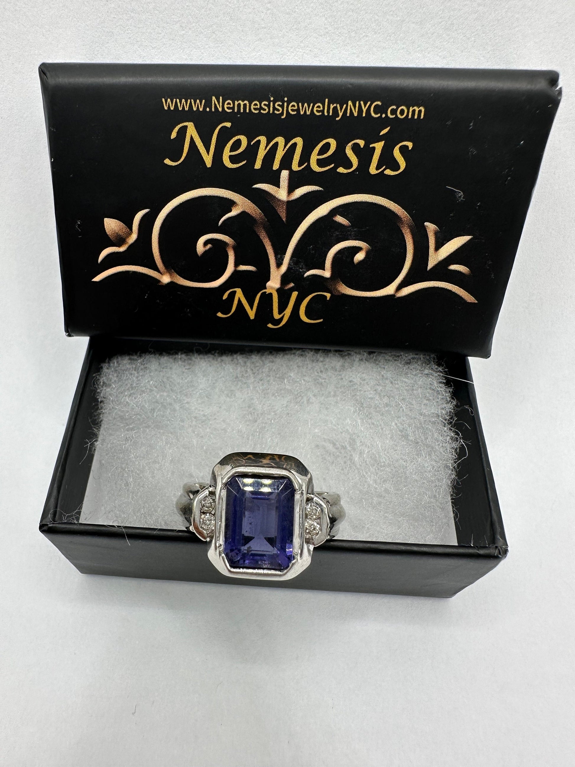 Vintage Deep Blue Iolite Diamond 14k White Gold Deco Ring Size 8