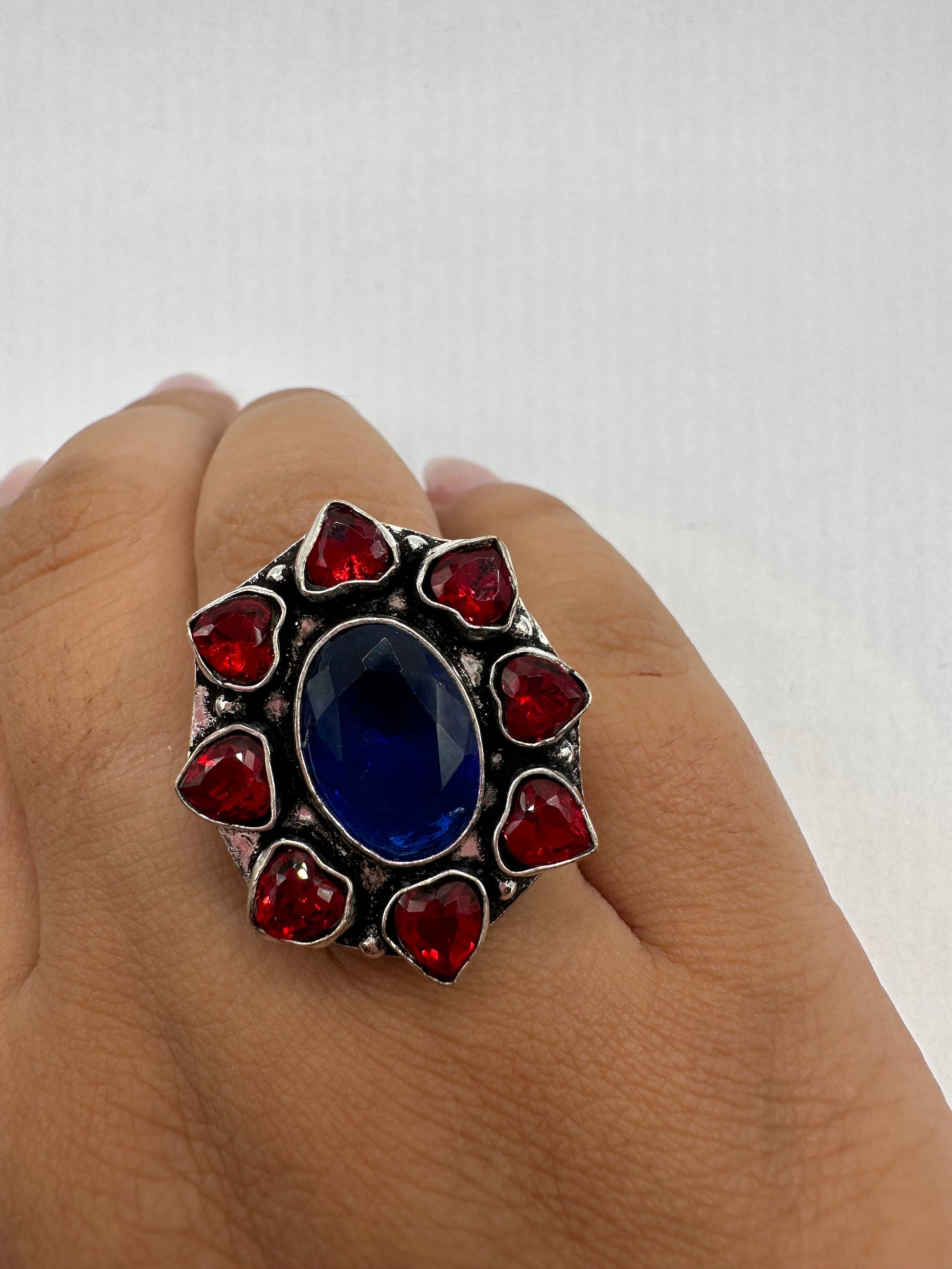 Vintage Blue Colbolt Ruby Glass Hearts Ring Size 10