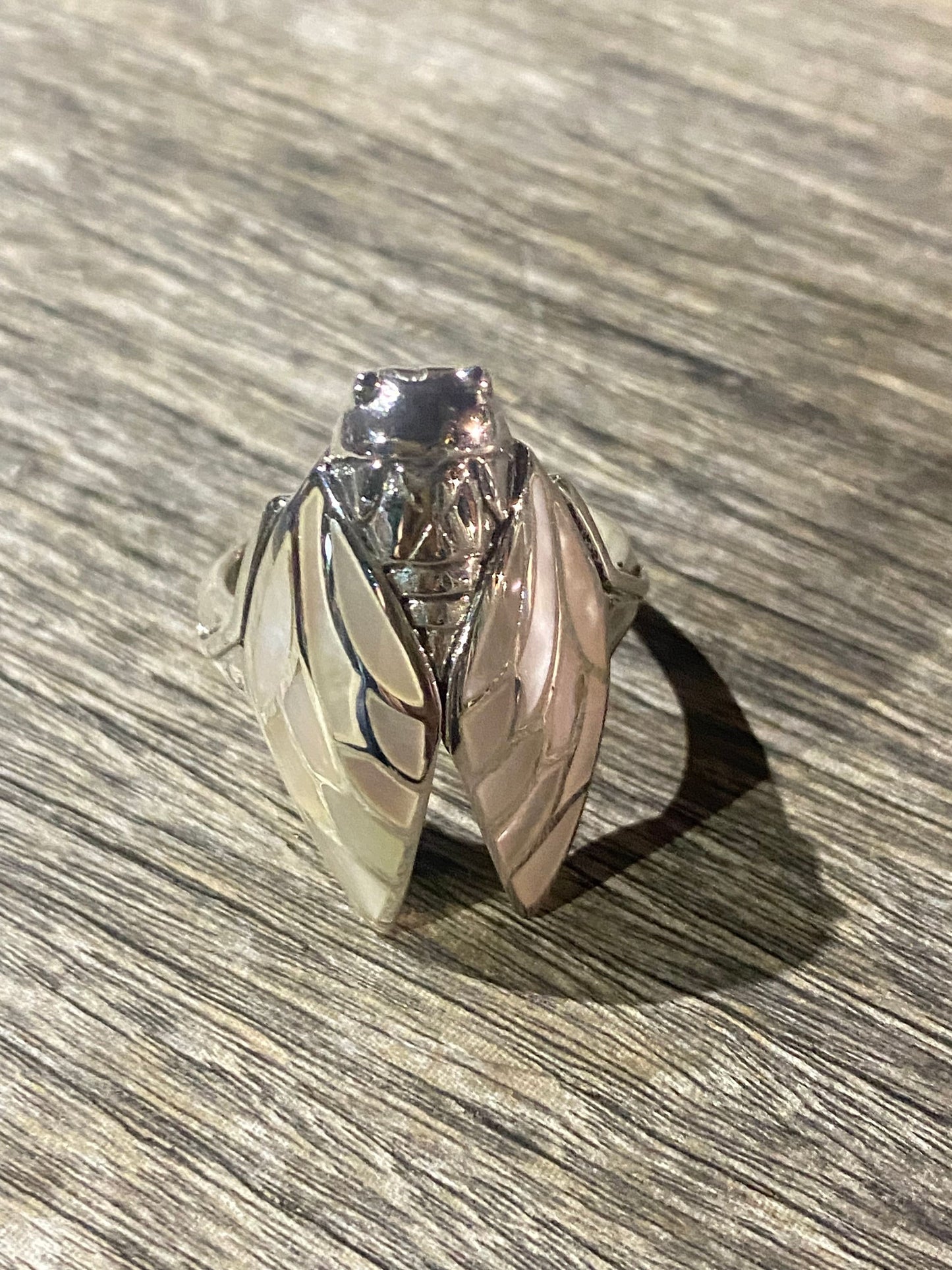 Antique Deco Mother of Pearl Cicada 925 Sterling Silver Ring