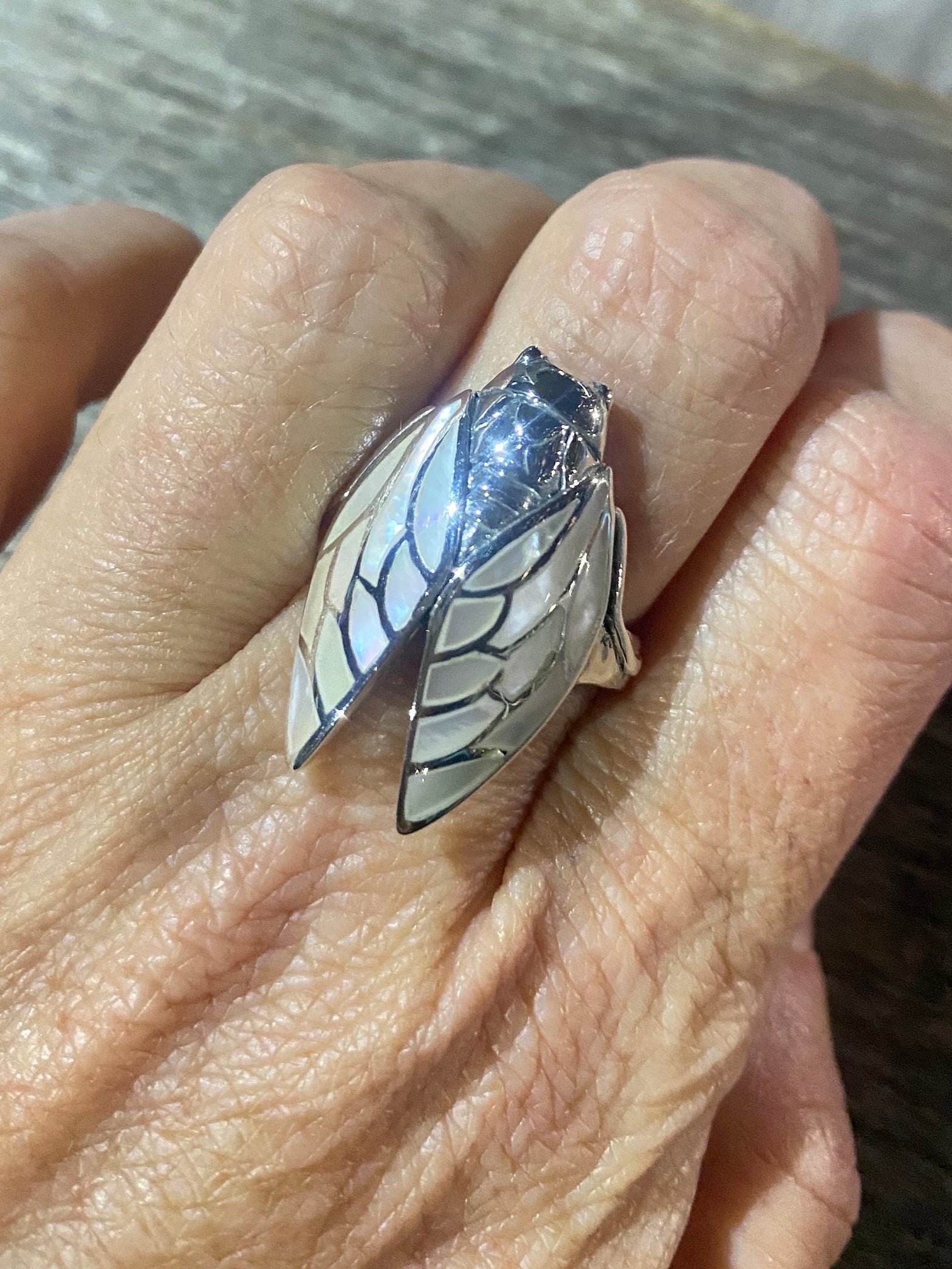 Antique Deco Mother of Pearl Cicada 925 Sterling Silver Ring