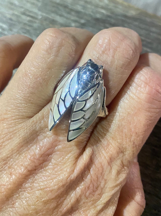 Antique Deco Mother of Pearl Cicada 925 Sterling Silver Ring