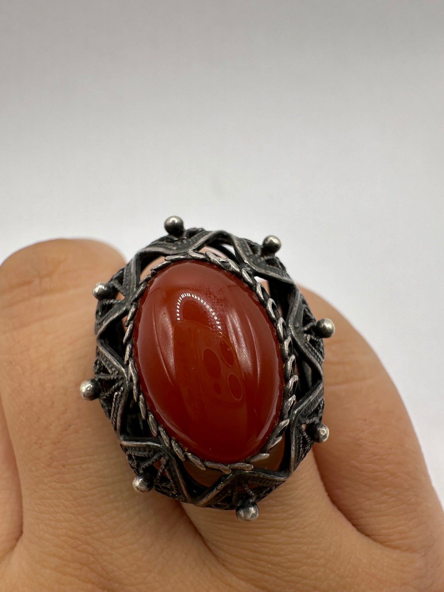 Vintage Carnelian 925 Sterling Silver Filligree Ring