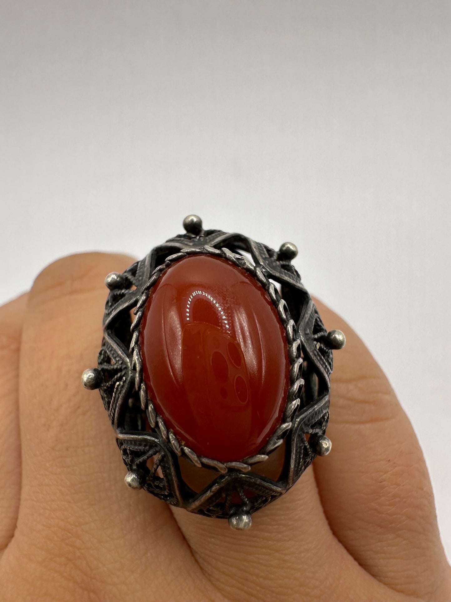 Vintage Carnelian 925 Sterling Silver Filligree Ring