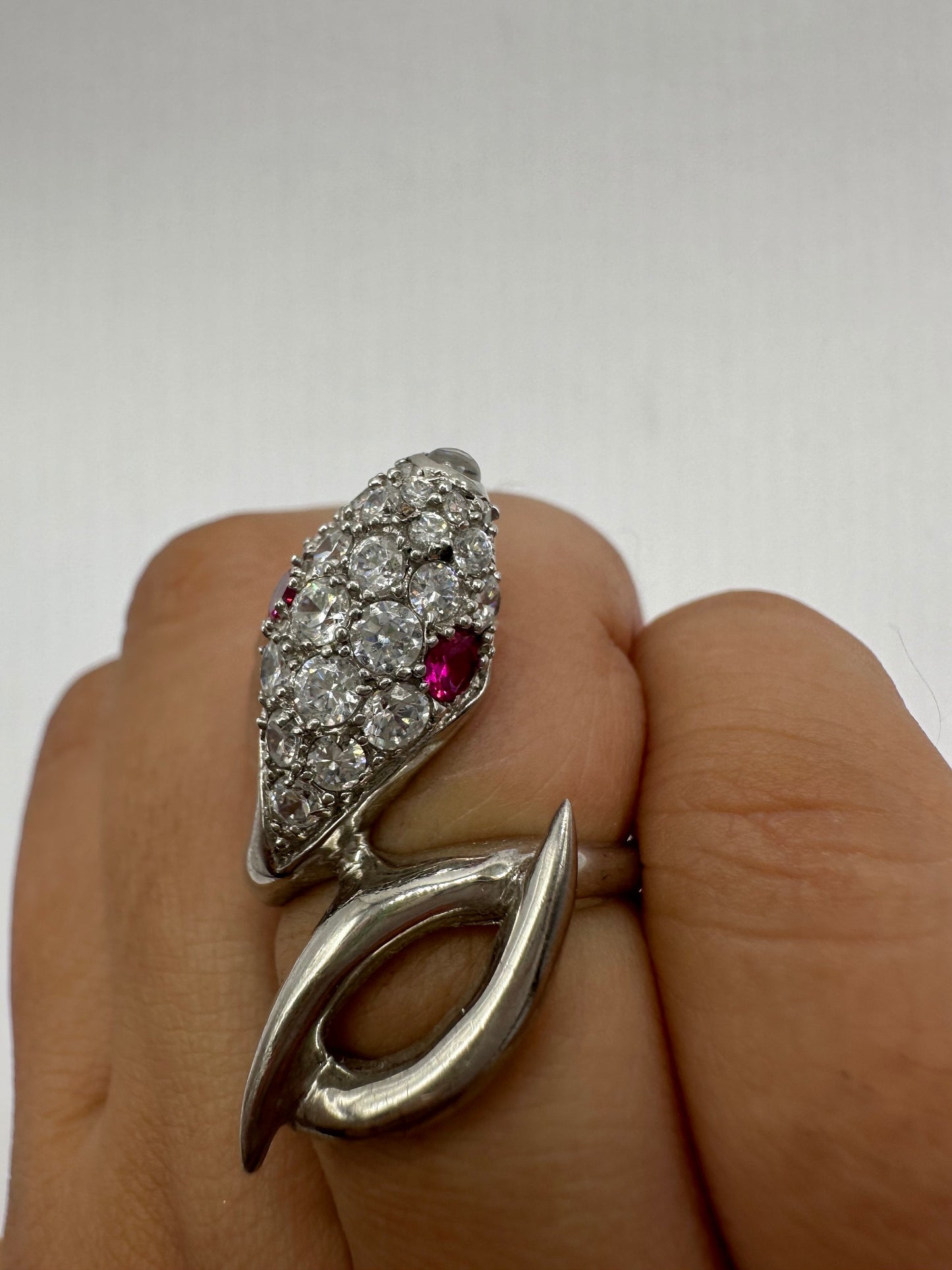 Vintage Sterling Silver Adjustable Crystal Snake Ring