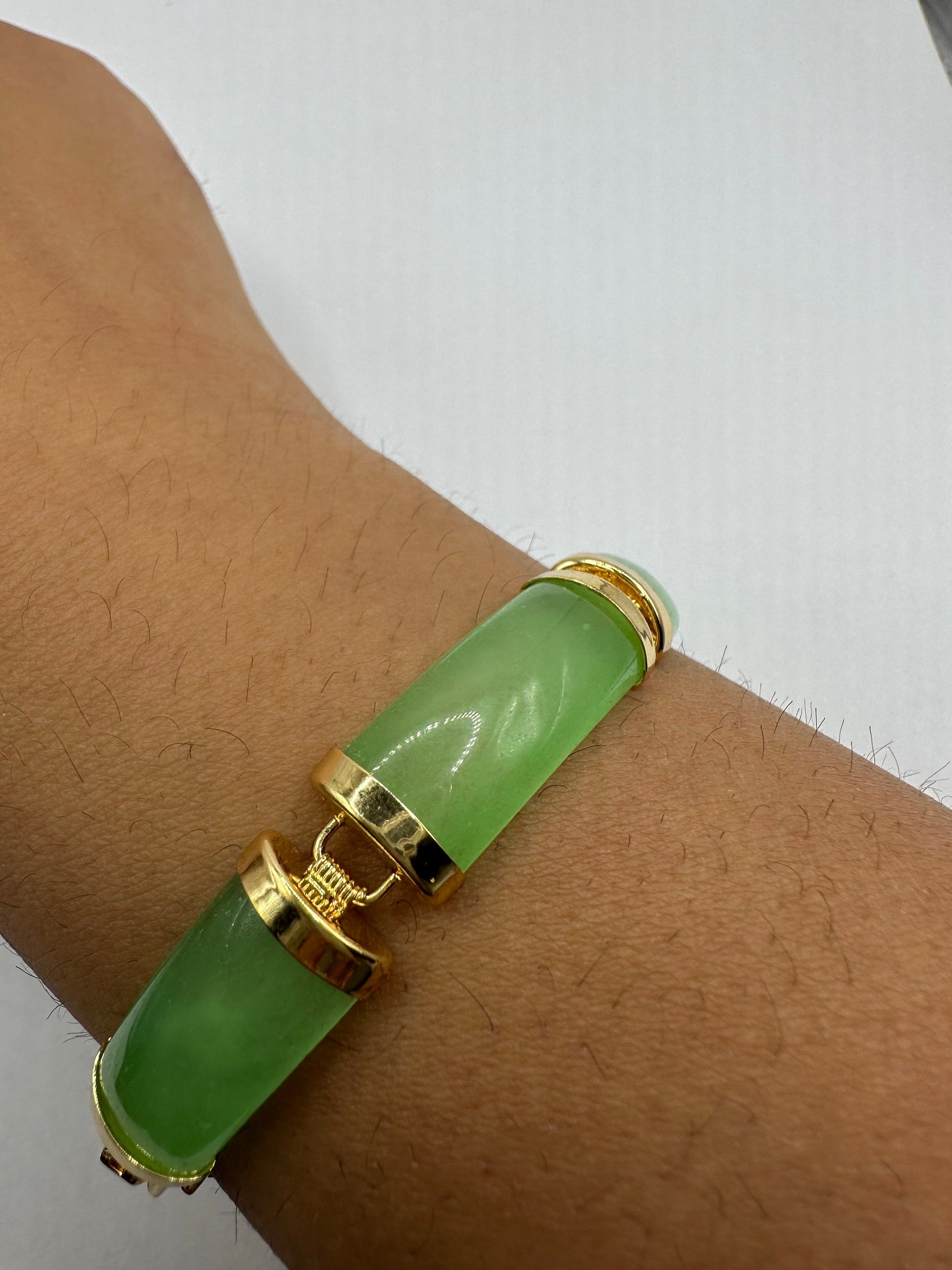 Vintage Green Jade Bracelet Golden Bronze