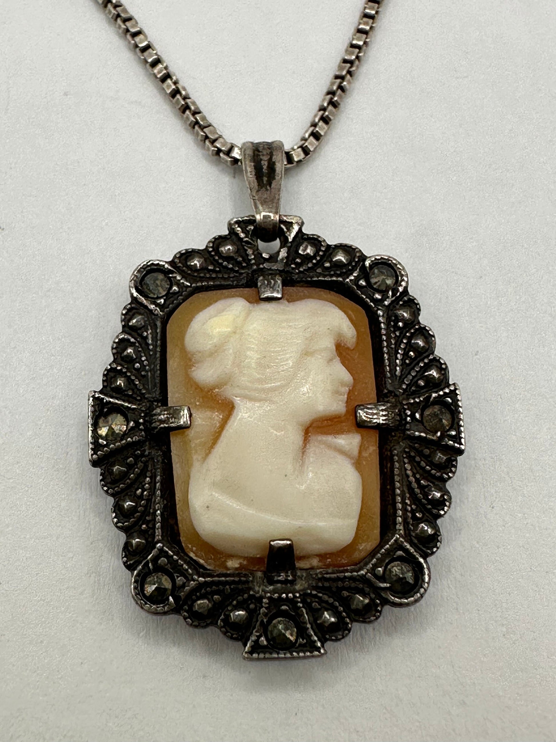 Vintage Shell Cameo Marcasite 925 Sterling Silver Necklace Choker