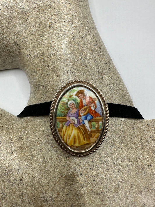 Vintage Genuine French Hand Painted Porcelian Cameo Bronze Necklace Choker pin
