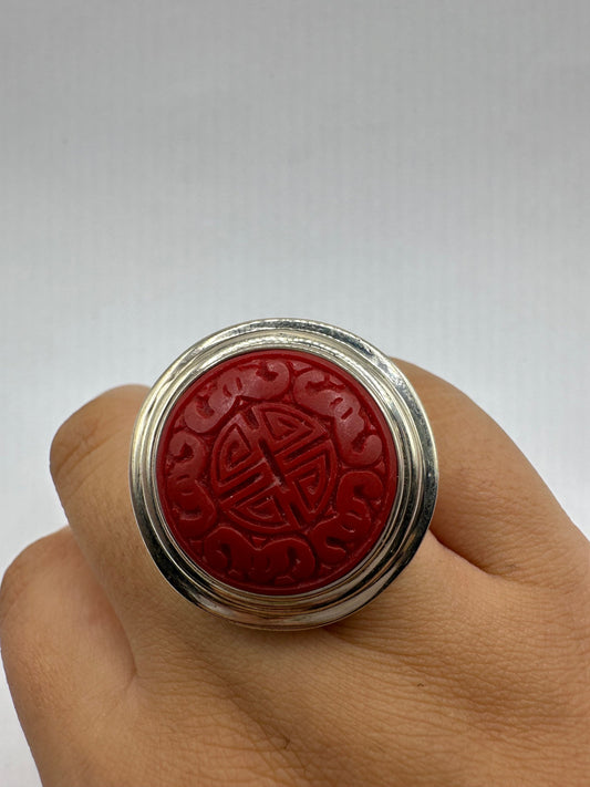 Antique Red Cinnabar Statement Ring 925 sterling silver