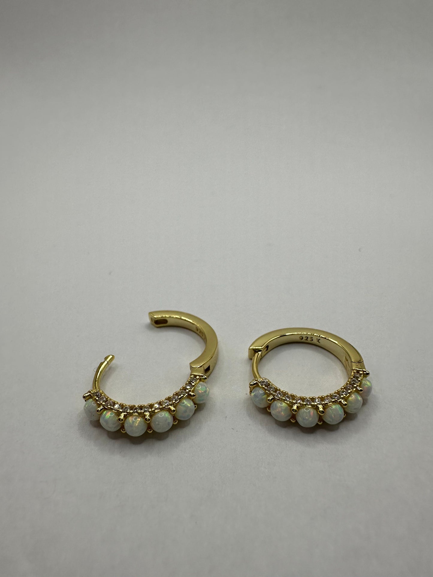 Vintage White Opal Earrings White Sapphire golden 925 Sterling Silver Hoops