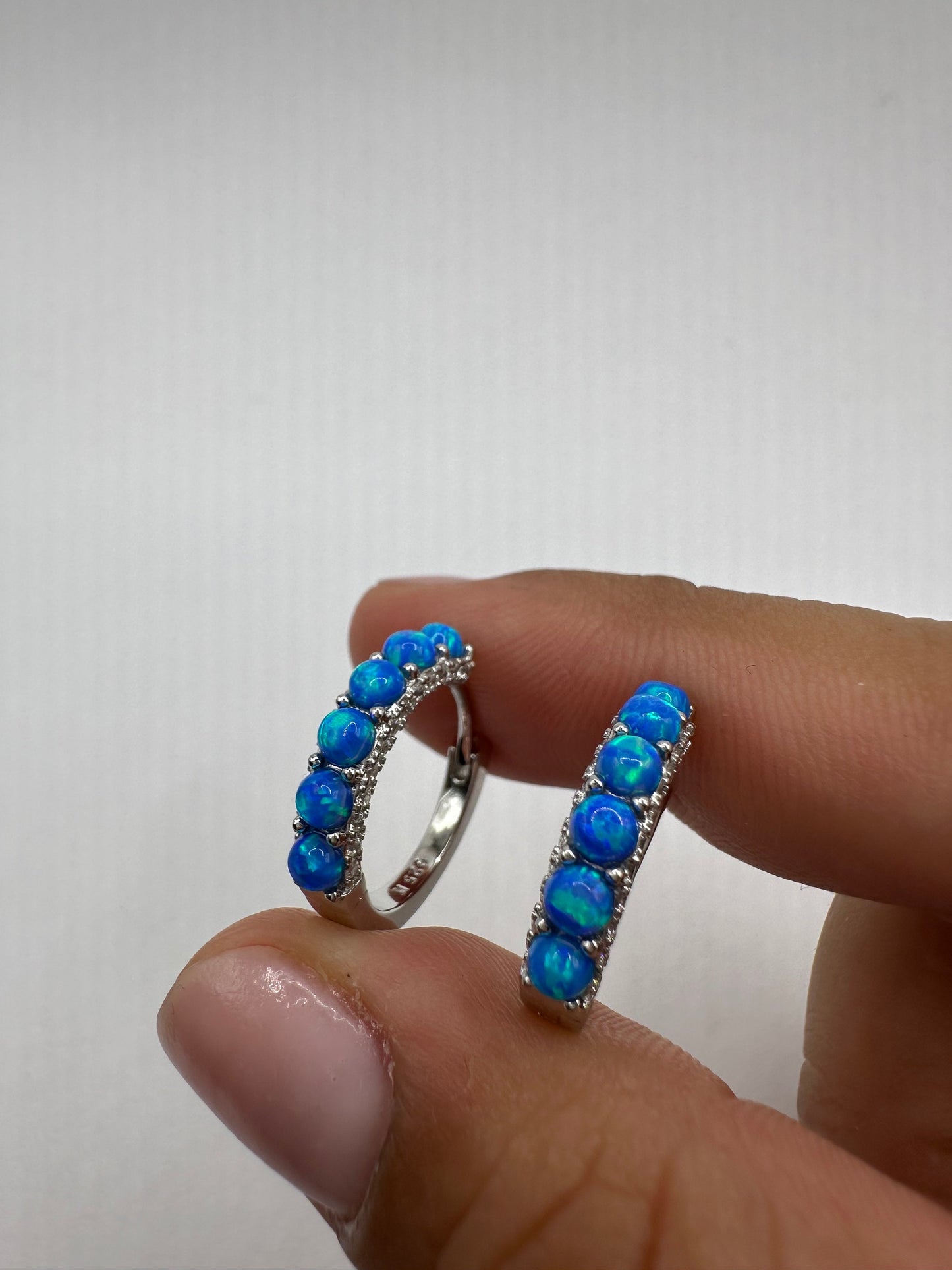 Vintage Blue Opal Earrings White Sapphire 925 Sterling Silver Hoops