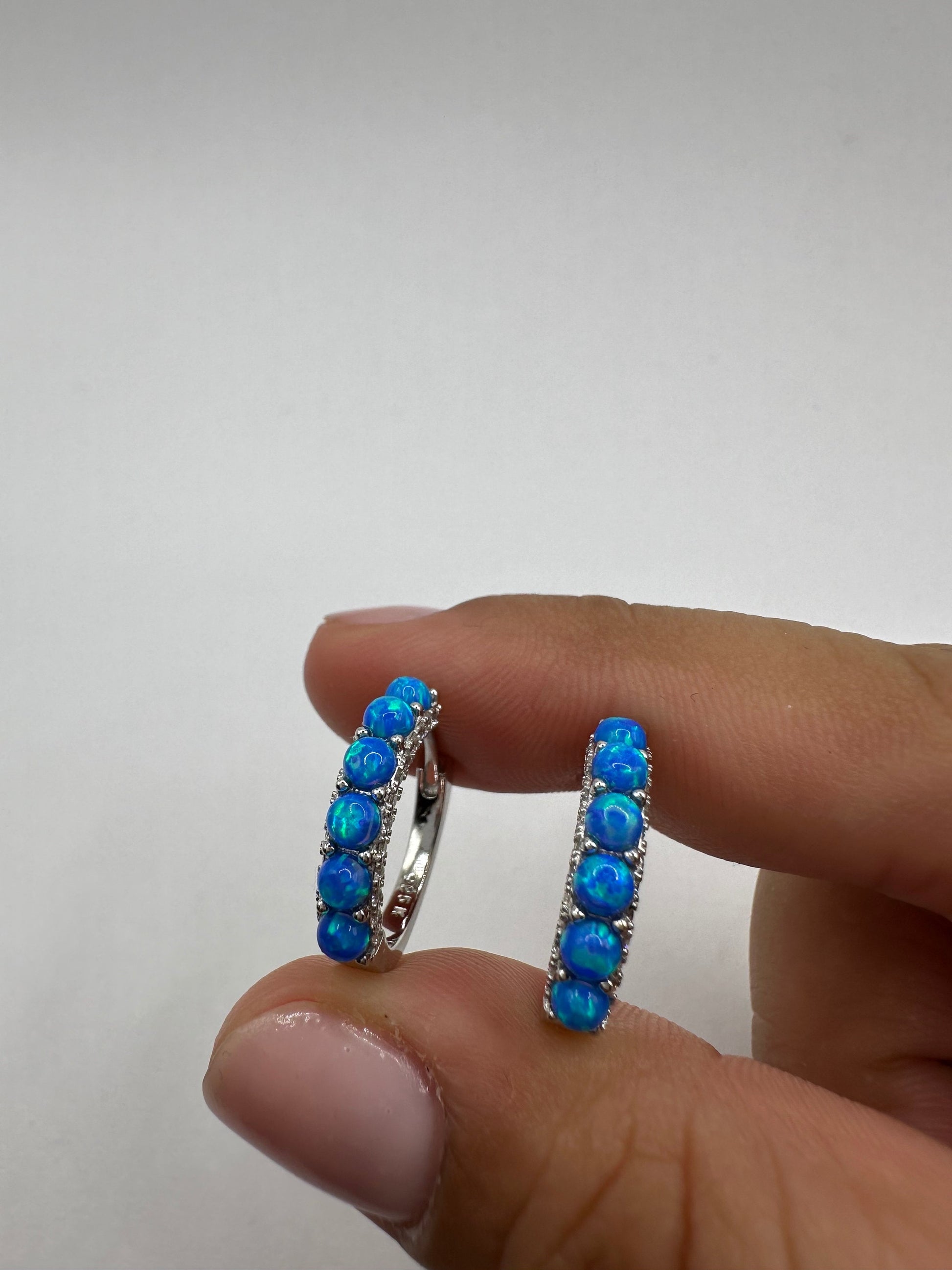 Vintage Blue Opal Earrings White Sapphire 925 Sterling Silver Hoops