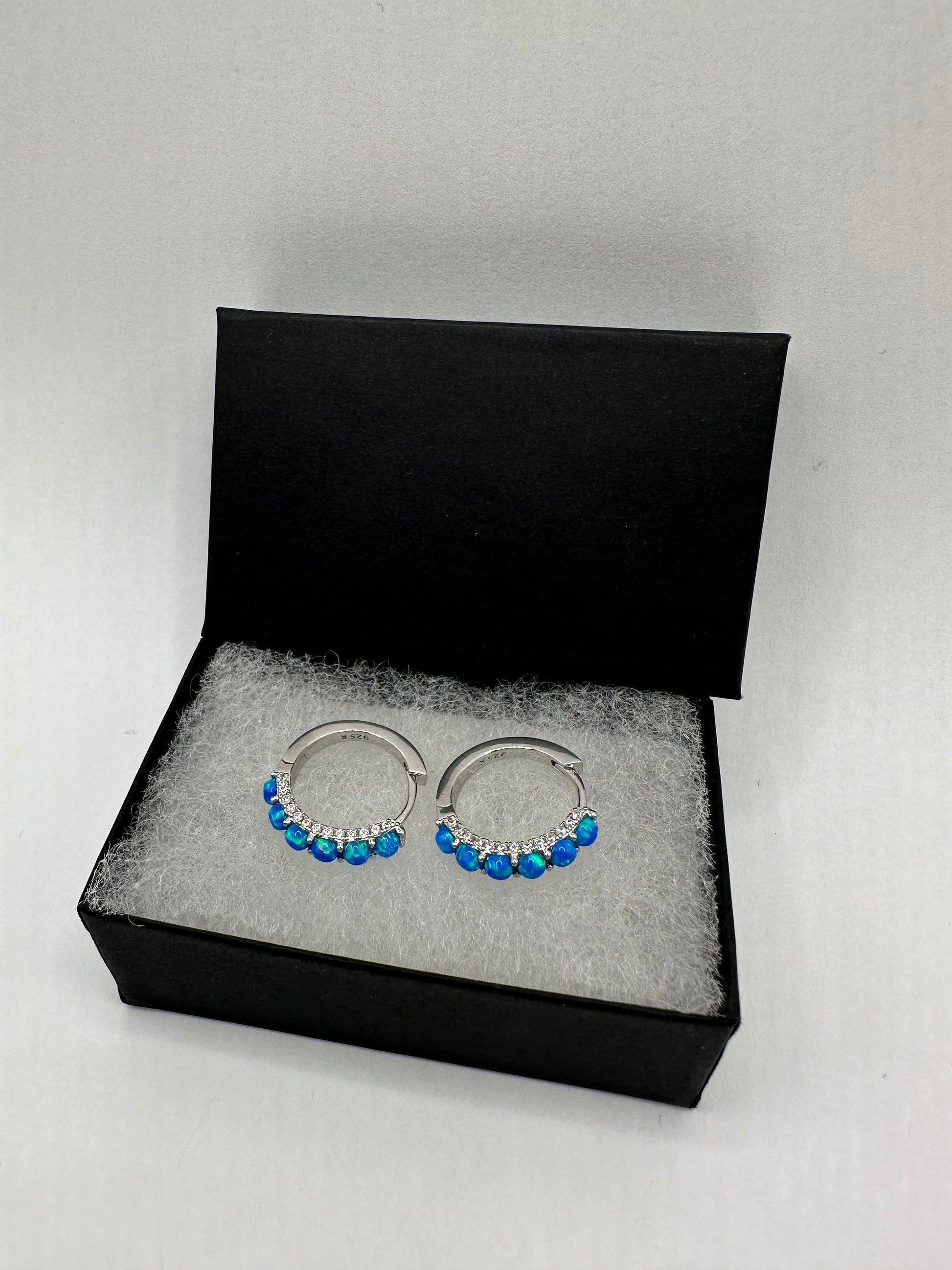 Vintage Blue Opal Earrings White Sapphire 925 Sterling Silver Hoops