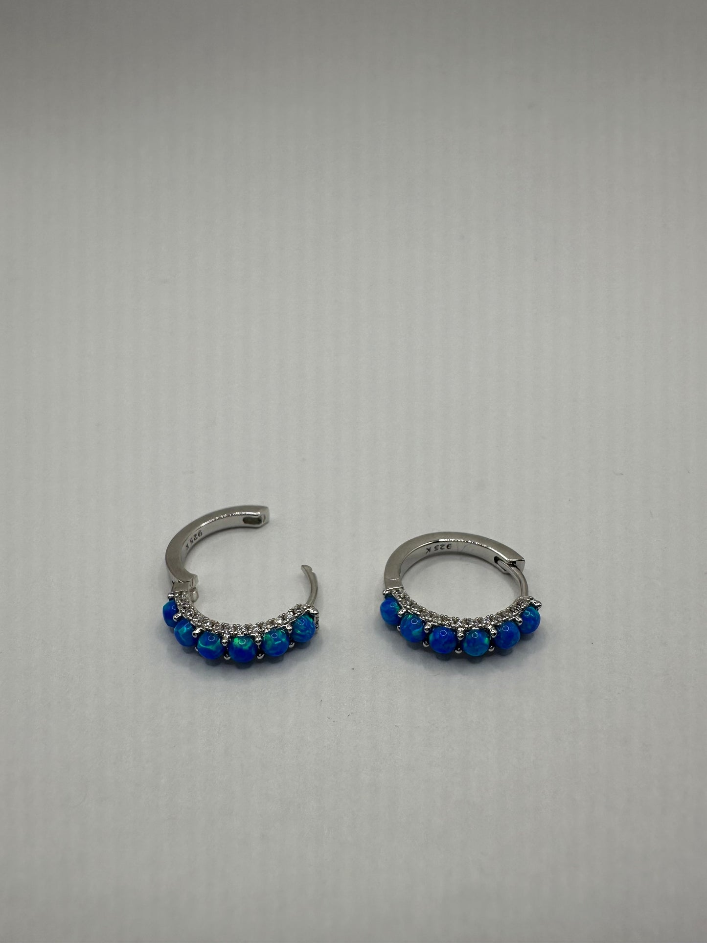 Vintage Blue Opal Earrings White Sapphire 925 Sterling Silver Hoops