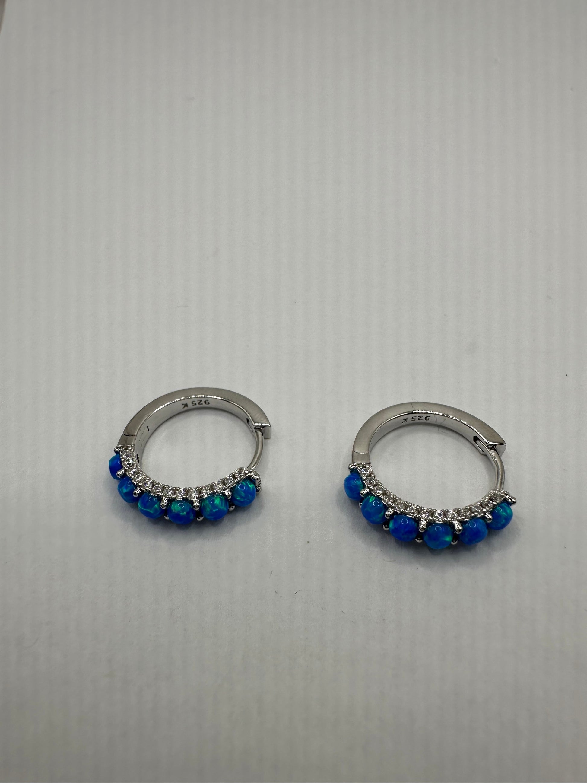 Vintage Blue Opal Earrings White Sapphire 925 Sterling Silver Hoops