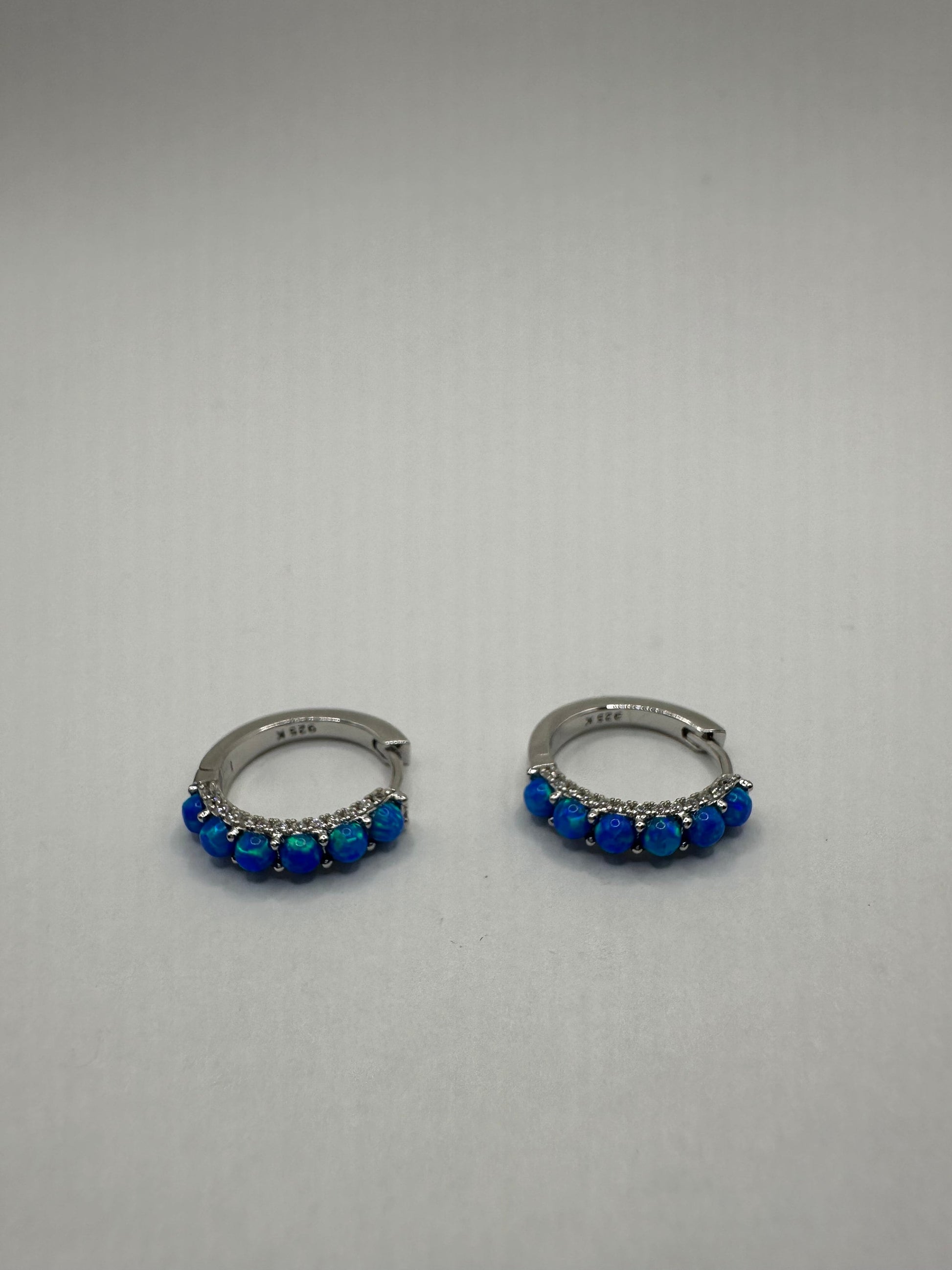 Vintage Blue Opal Earrings White Sapphire 925 Sterling Silver Hoops