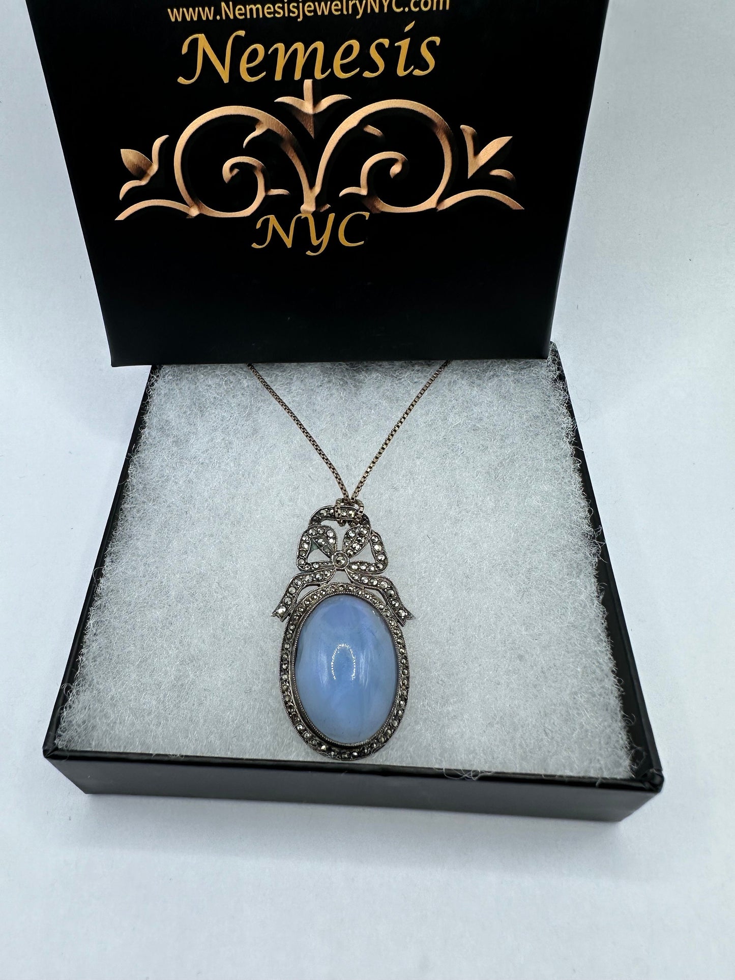 Vintage Blue Star Sapphire Glass Marcasite 925 Sterling Silver Necklace Choker