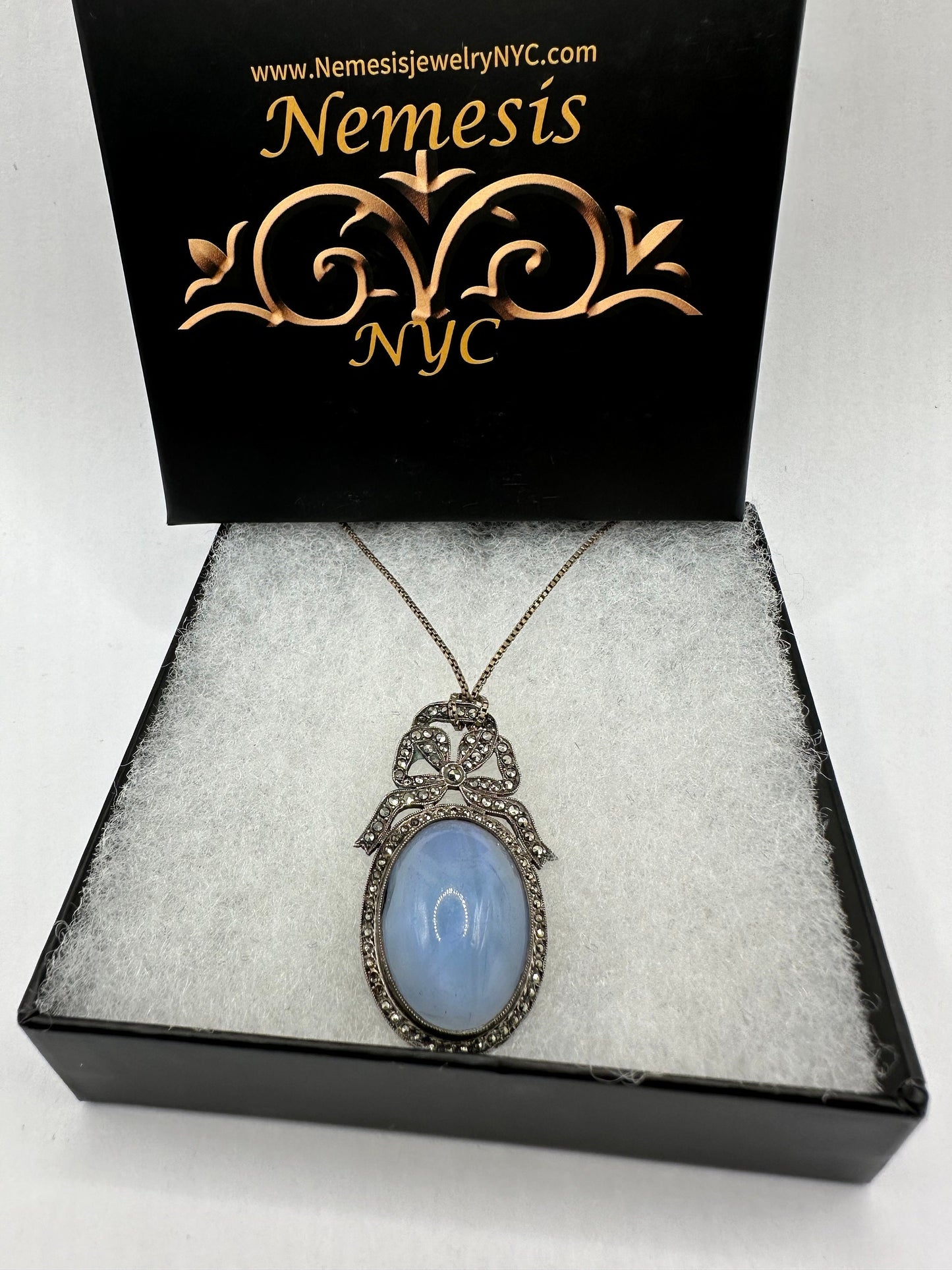 Vintage Blue Star Sapphire Glass Marcasite 925 Sterling Silver Necklace Choker