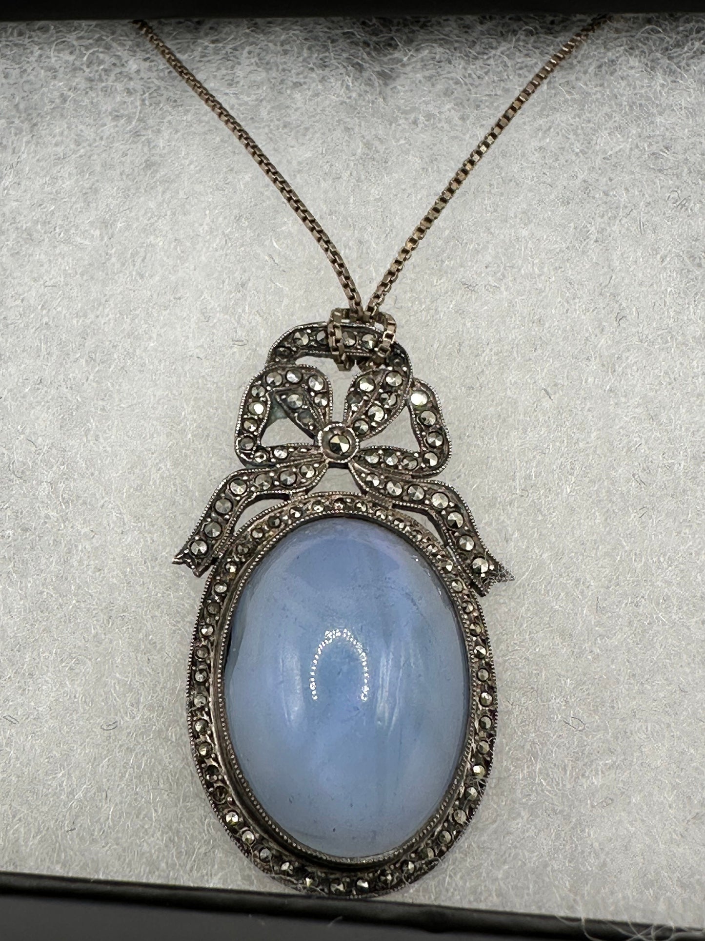 Vintage Blue Star Sapphire Glass Marcasite 925 Sterling Silver Necklace Choker