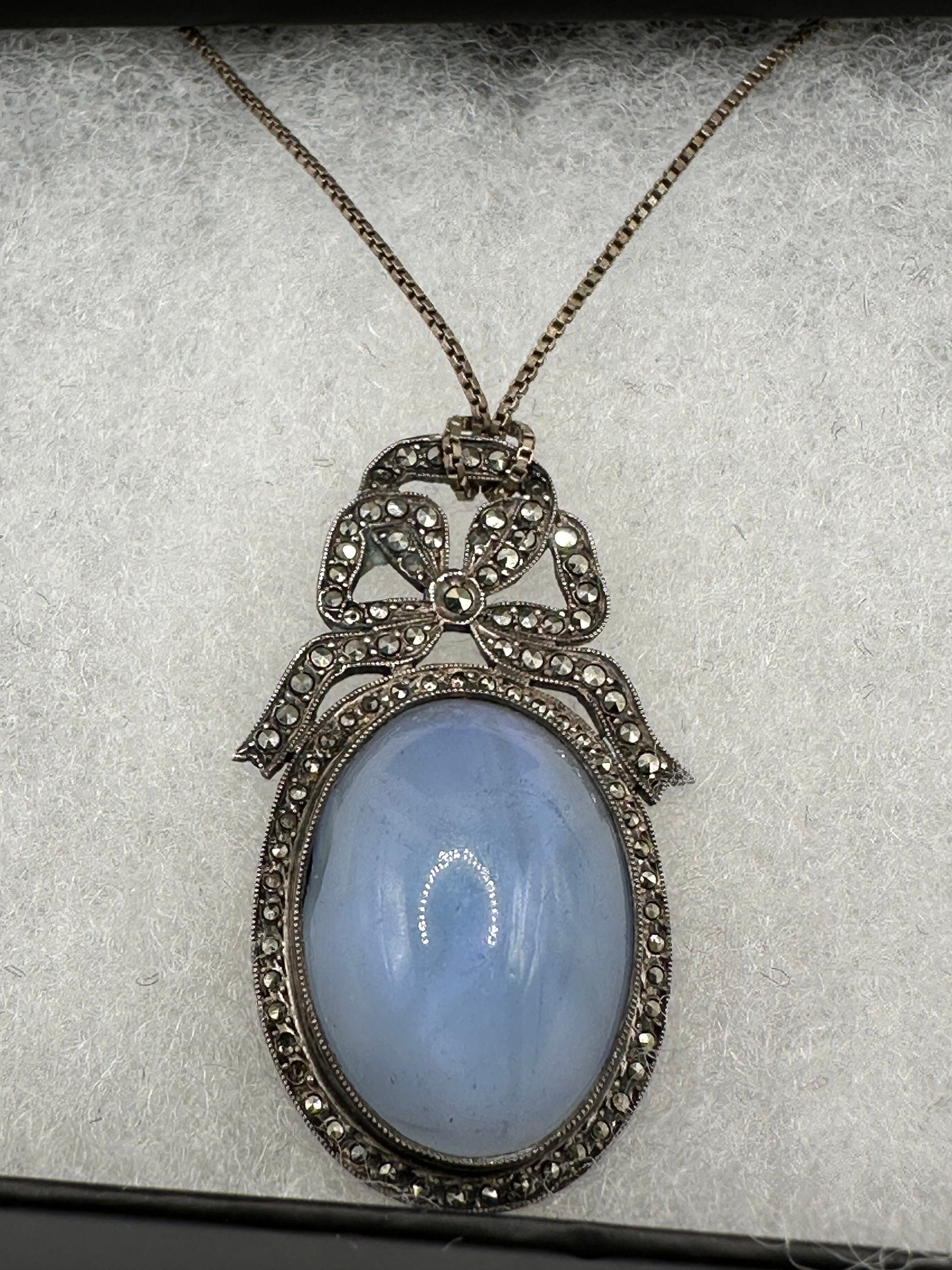 Vintage Blue Star Sapphire Glass Marcasite 925 Sterling Silver Necklace Choker