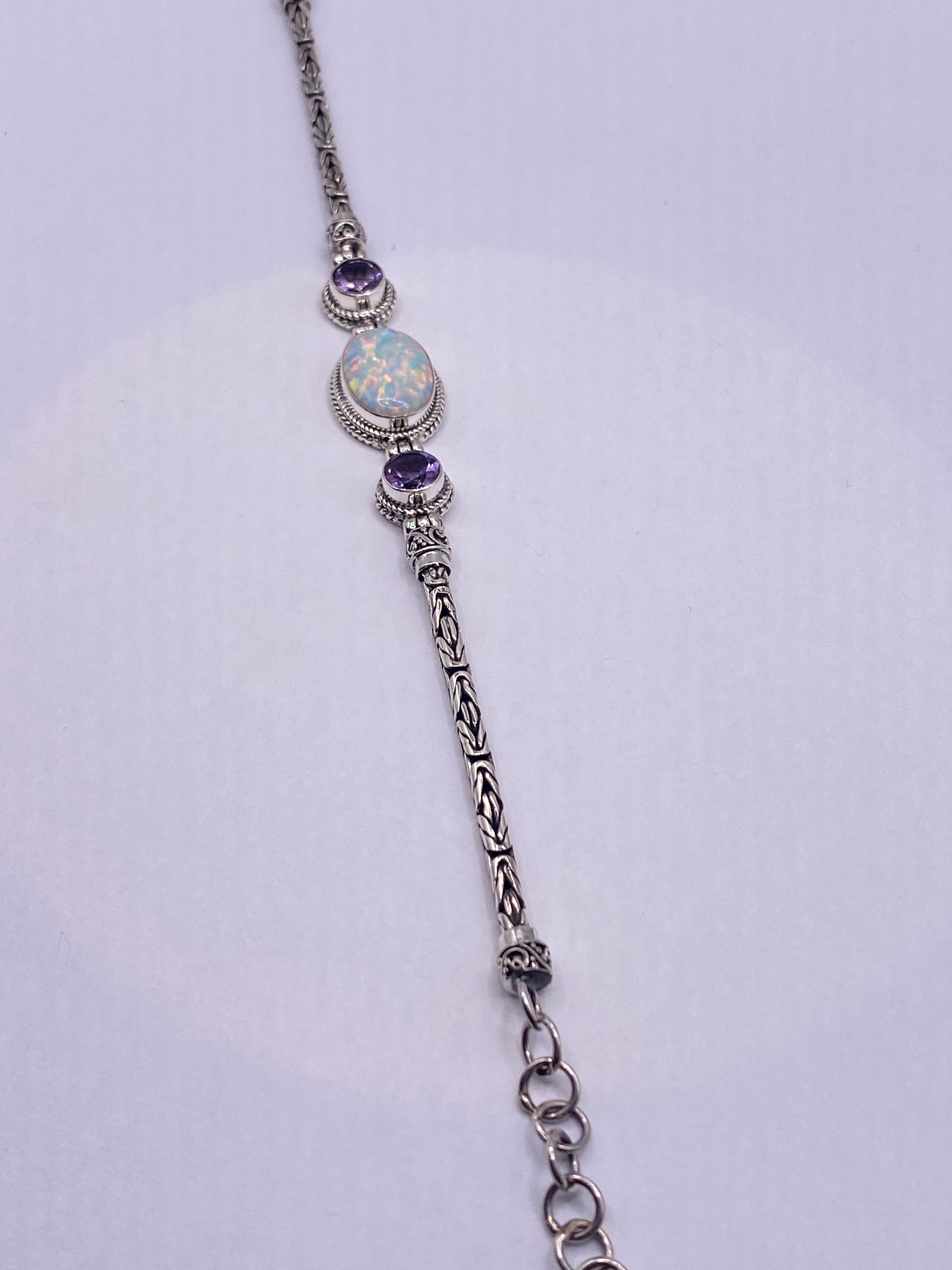 Vintage Blue Fire Opal Amethyst Bracelet inlay 925 Sterling Silver