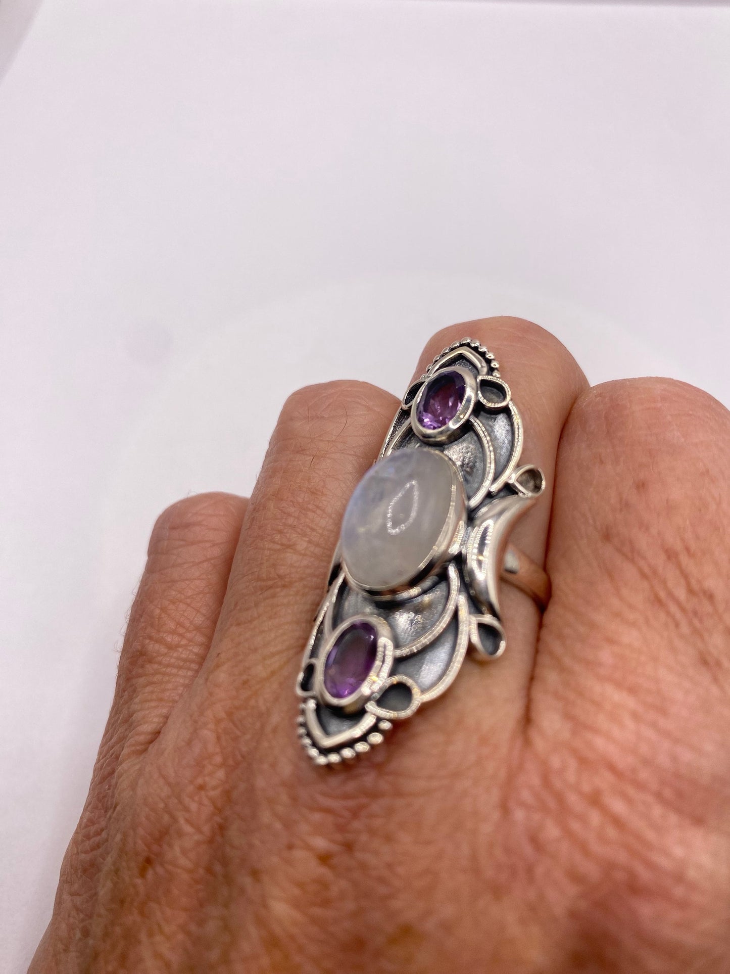 Vintage Genuine Blue White Rainbow Moonstone Amethyst Ring