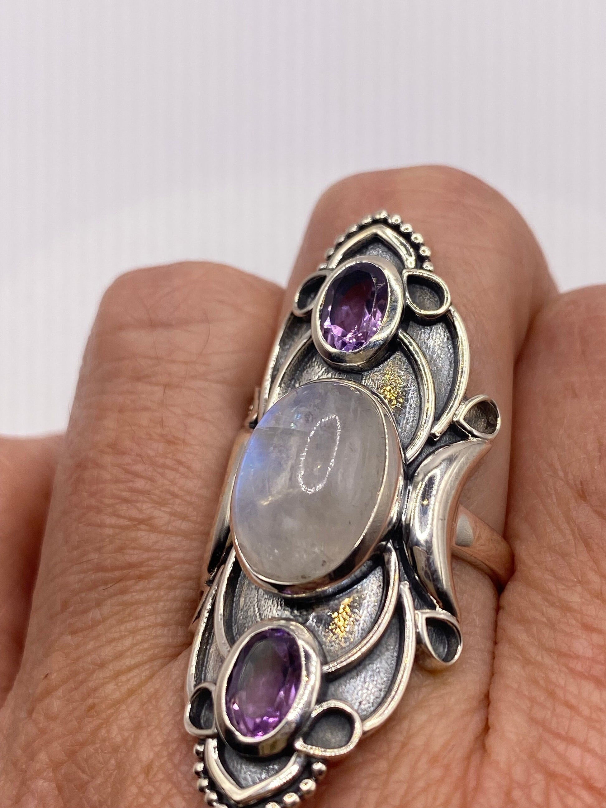 Vintage Genuine Blue White Rainbow Moonstone Amethyst Ring