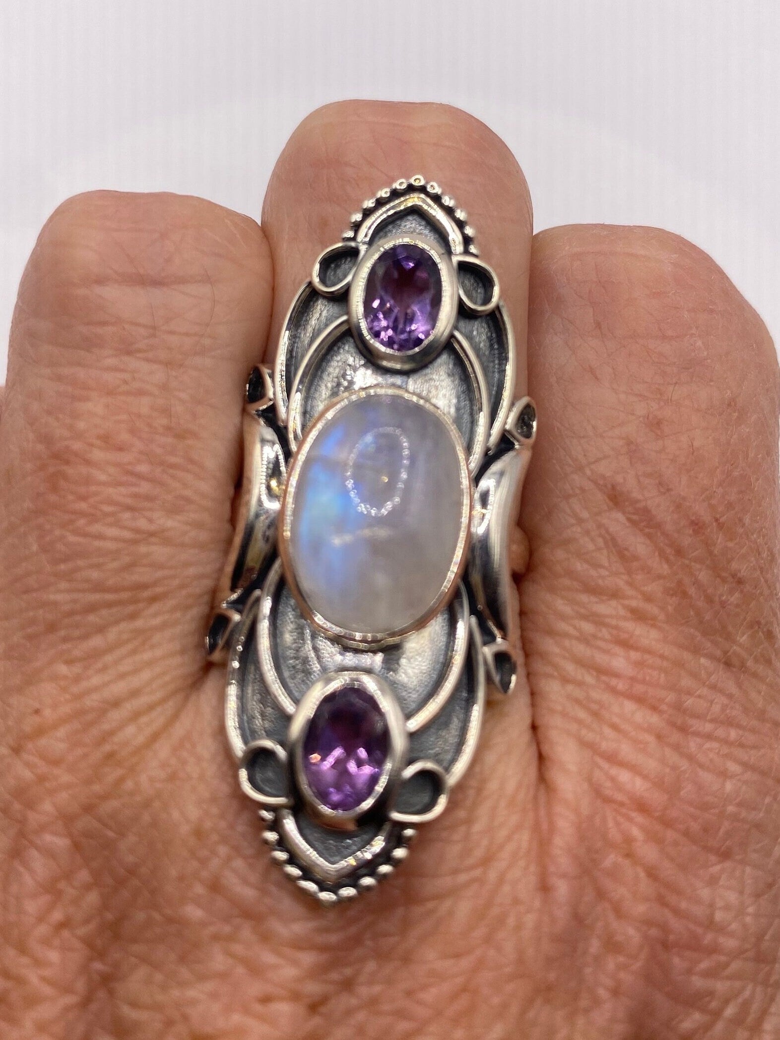 Vintage Genuine Blue White Rainbow Moonstone Amethyst Ring