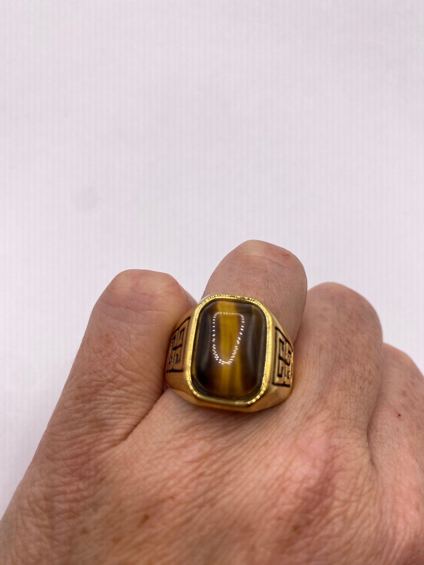 Vintage Gold Finished Stainless Steel Genuine Tigers Eye Ring