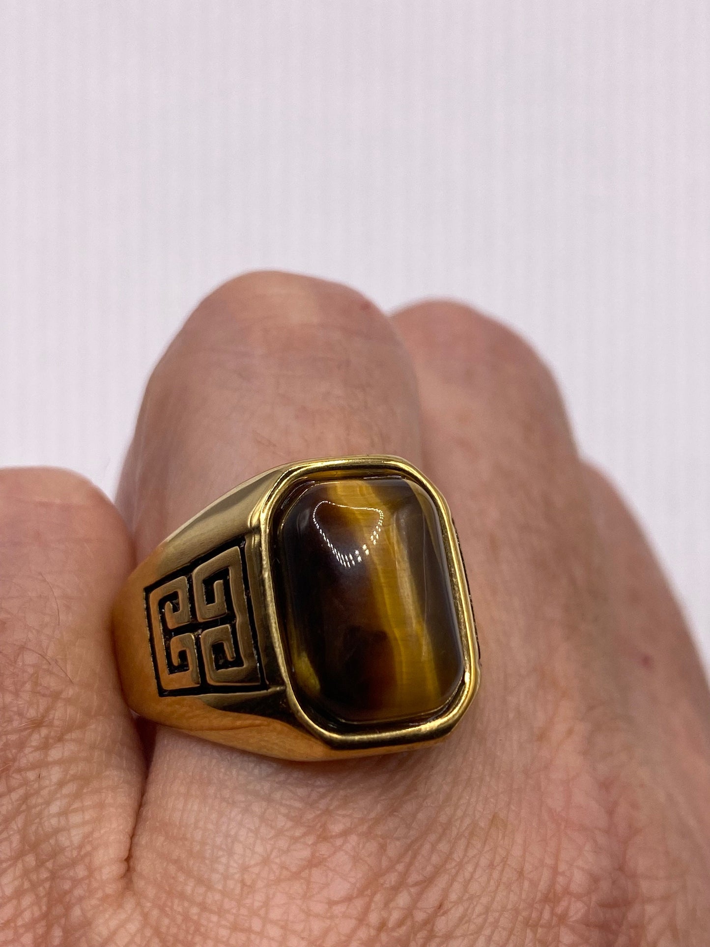 Vintage Gold Finished Stainless Steel Genuine Tigers Eye Ring