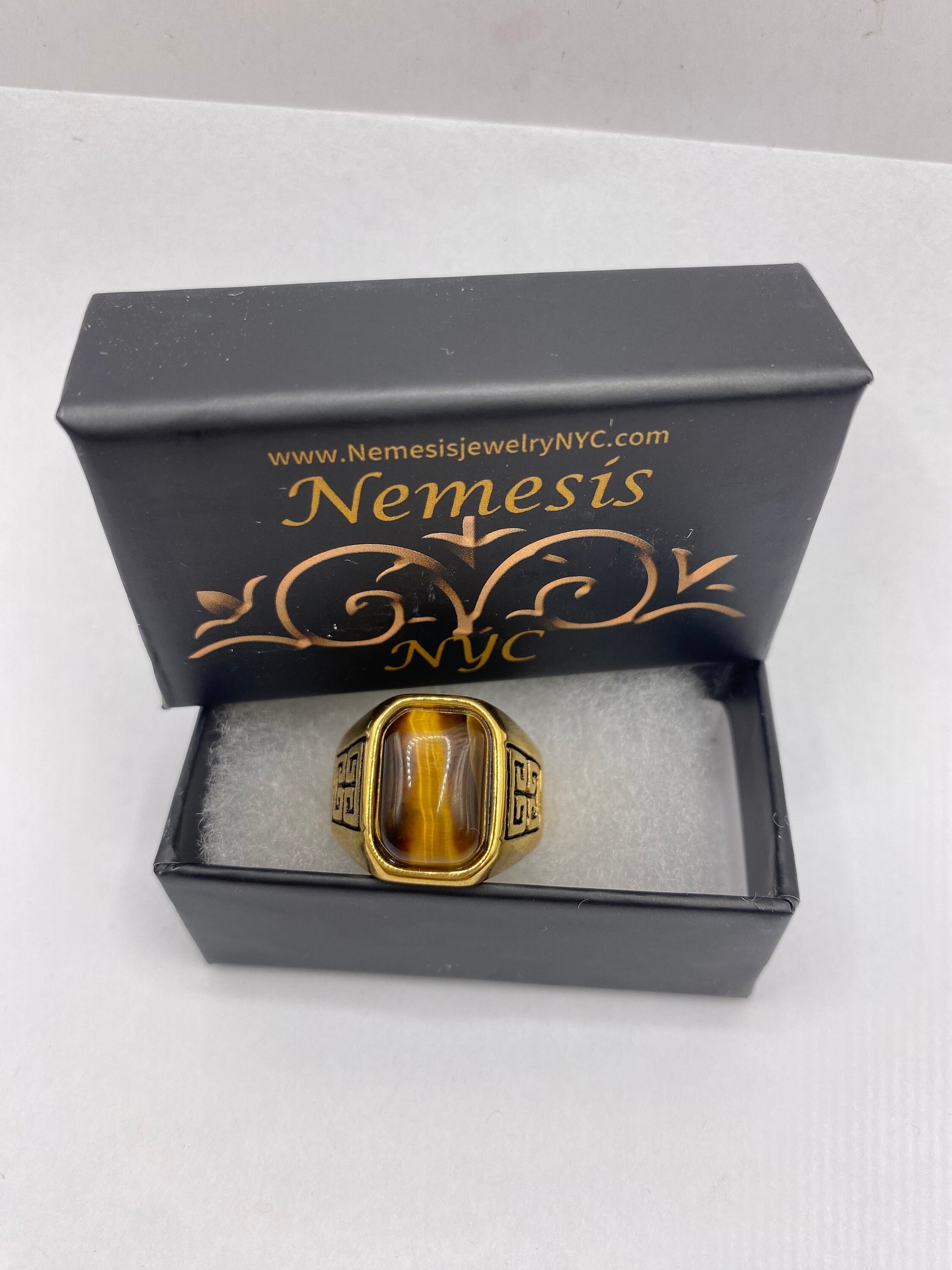 Vintage Gold Finished Stainless Steel Genuine Tigers Eye Ring