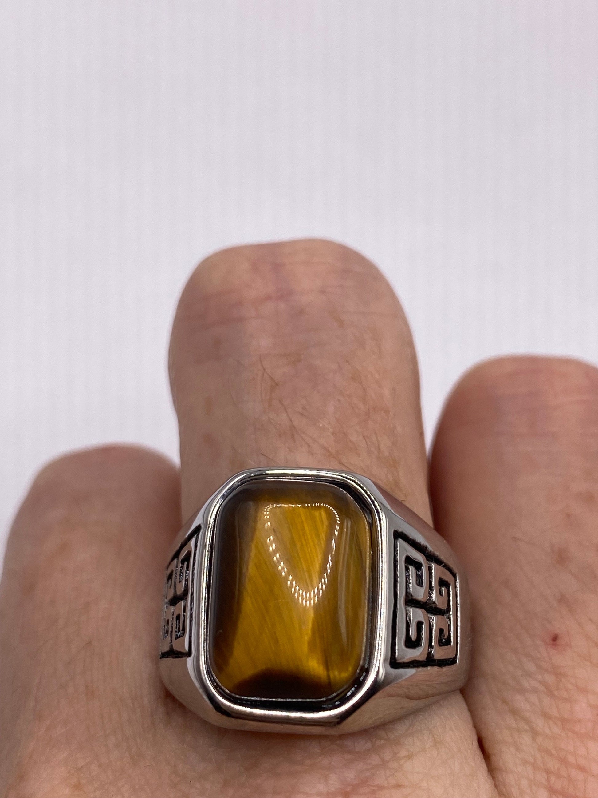 Vintage Stainless Steel Genuine Tigers Eye Ring