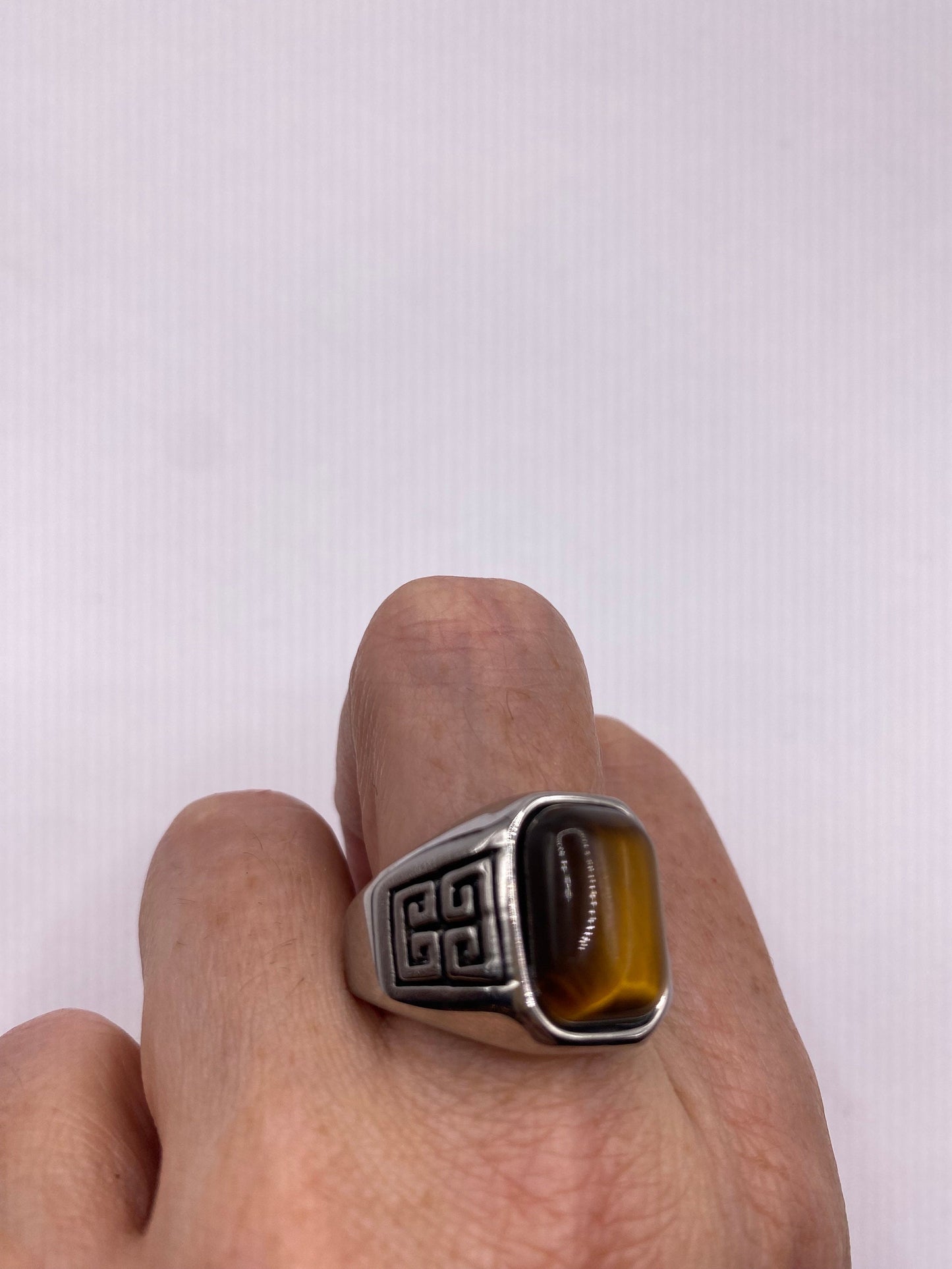 Vintage Stainless Steel Genuine Tigers Eye Ring