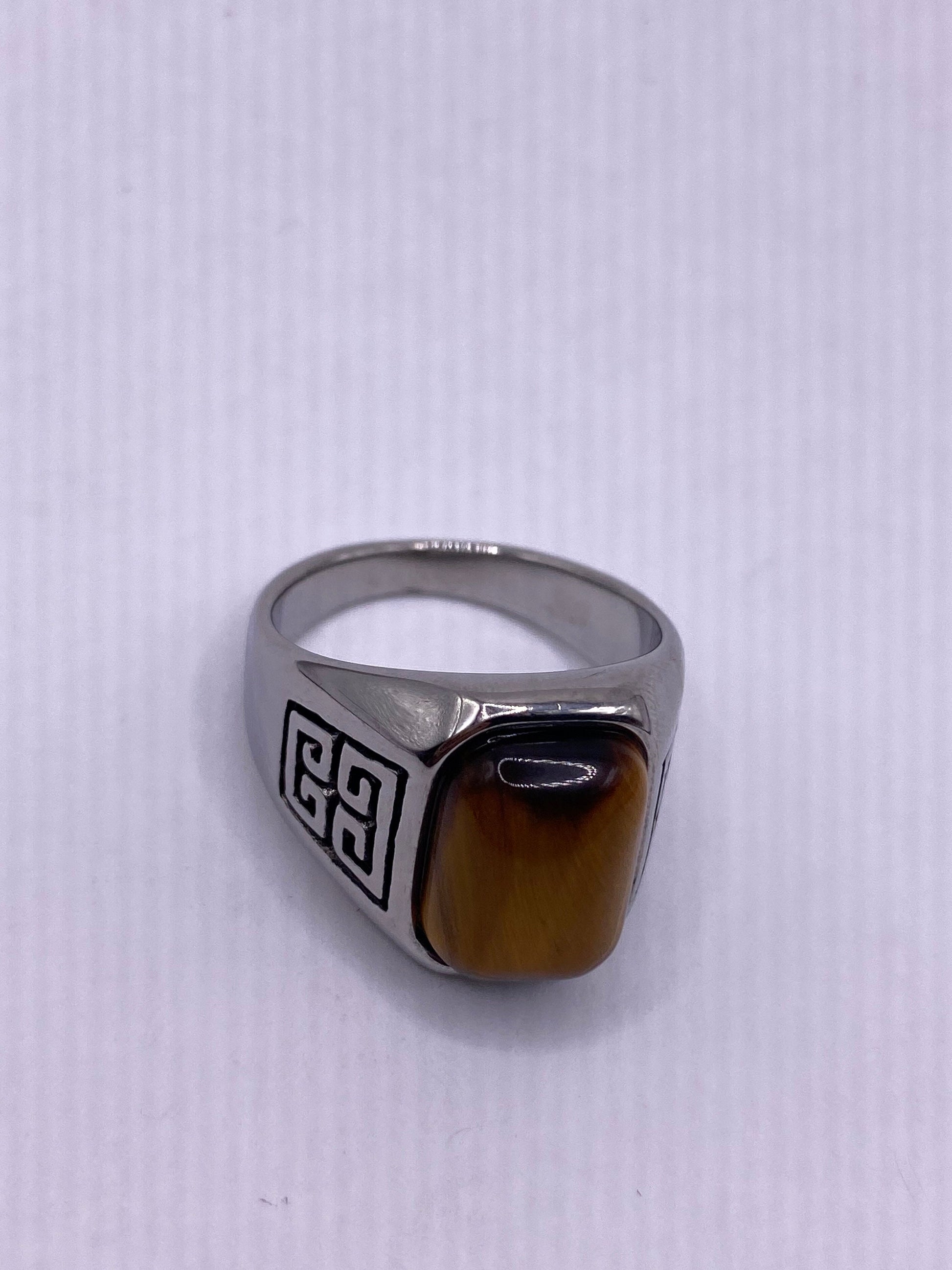 Vintage Stainless Steel Genuine Tigers Eye Ring