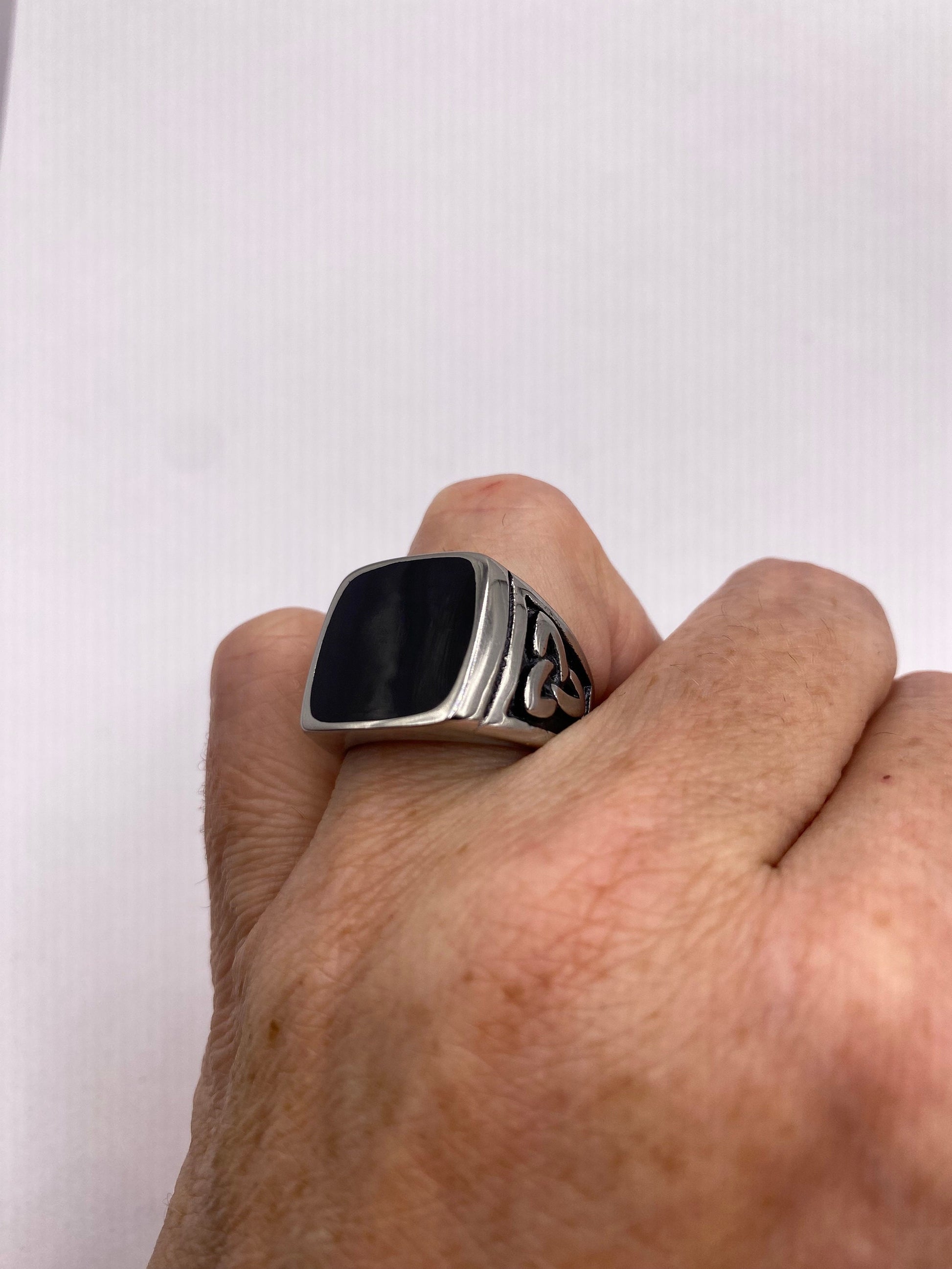 Vintage Celtic Black Enamel Stainless Steel Mens Ring