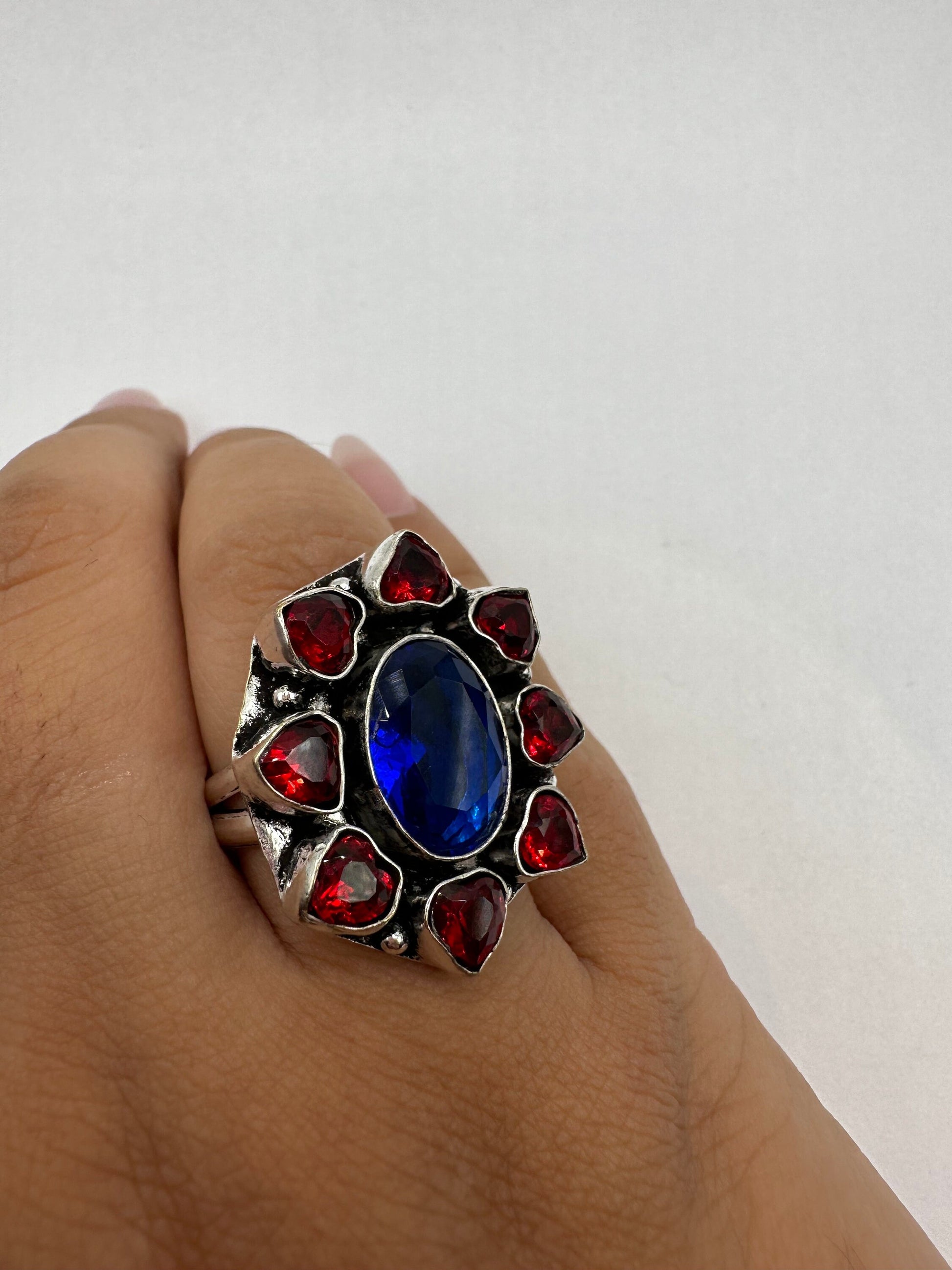 Vintage Blue Colbolt Ruby Glass Hearts Ring Size 10