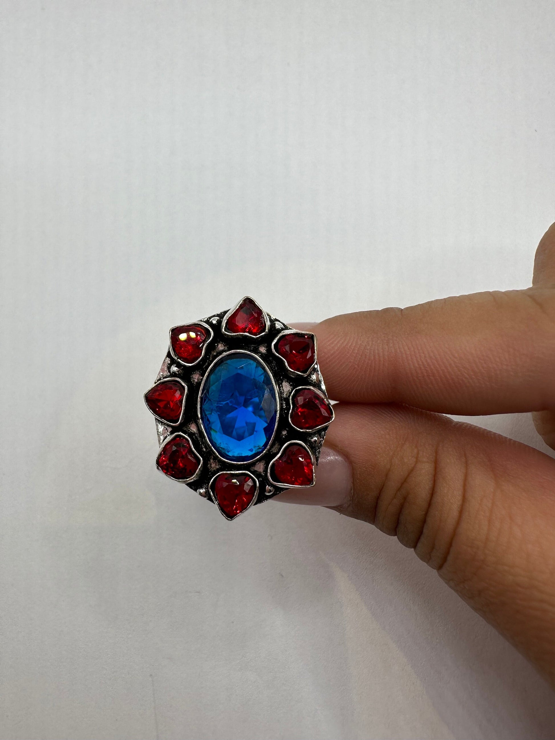 Vintage Blue Colbolt Ruby Glass Hearts Ring Size 10