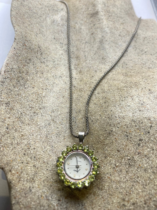 Vintage Watch Necklace 925 Sterling Silver Green Peridot Antique Pendant