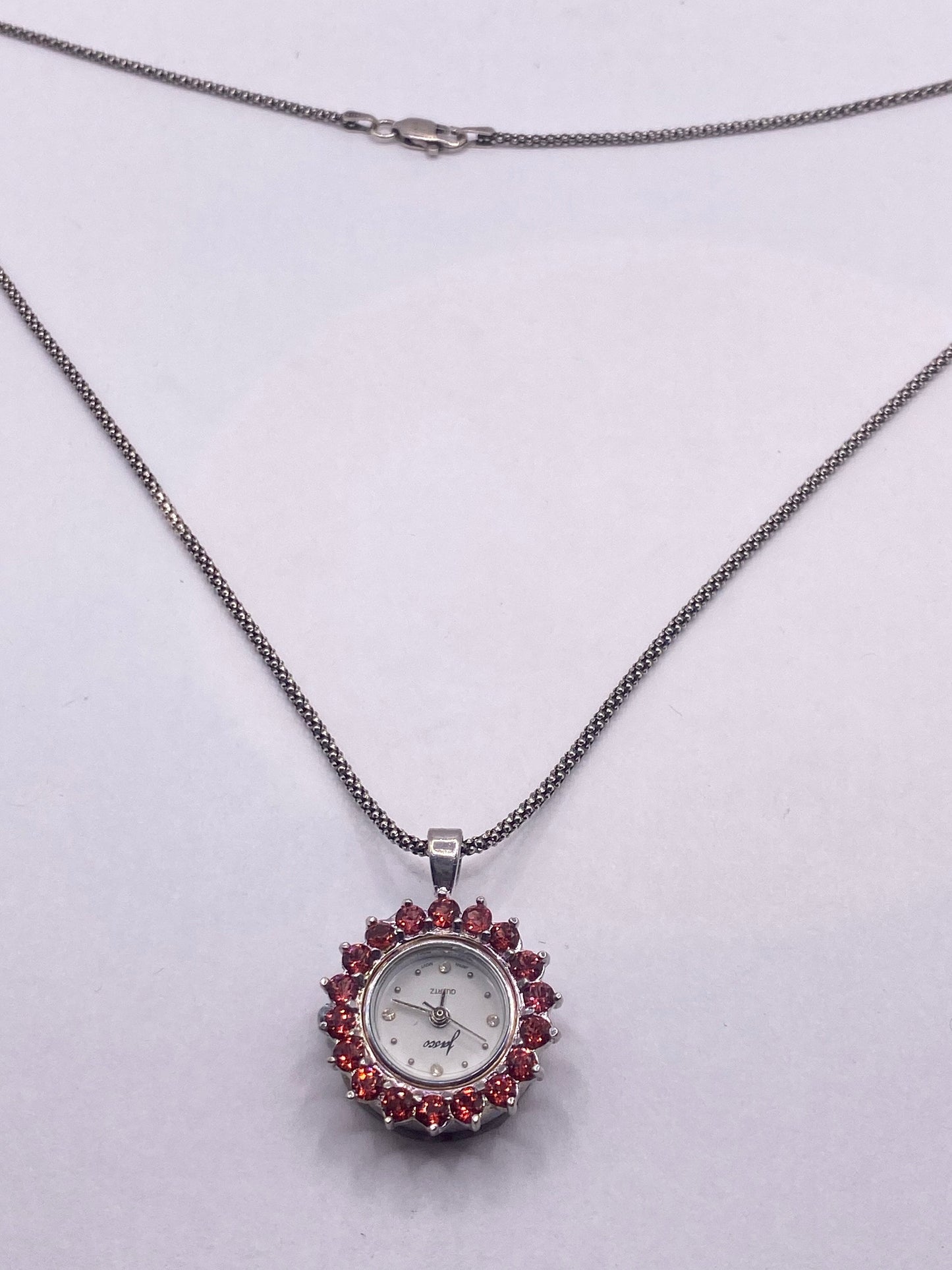 Vintage Watch Necklace 925 Sterling Silver Red CZ Antique Pendant