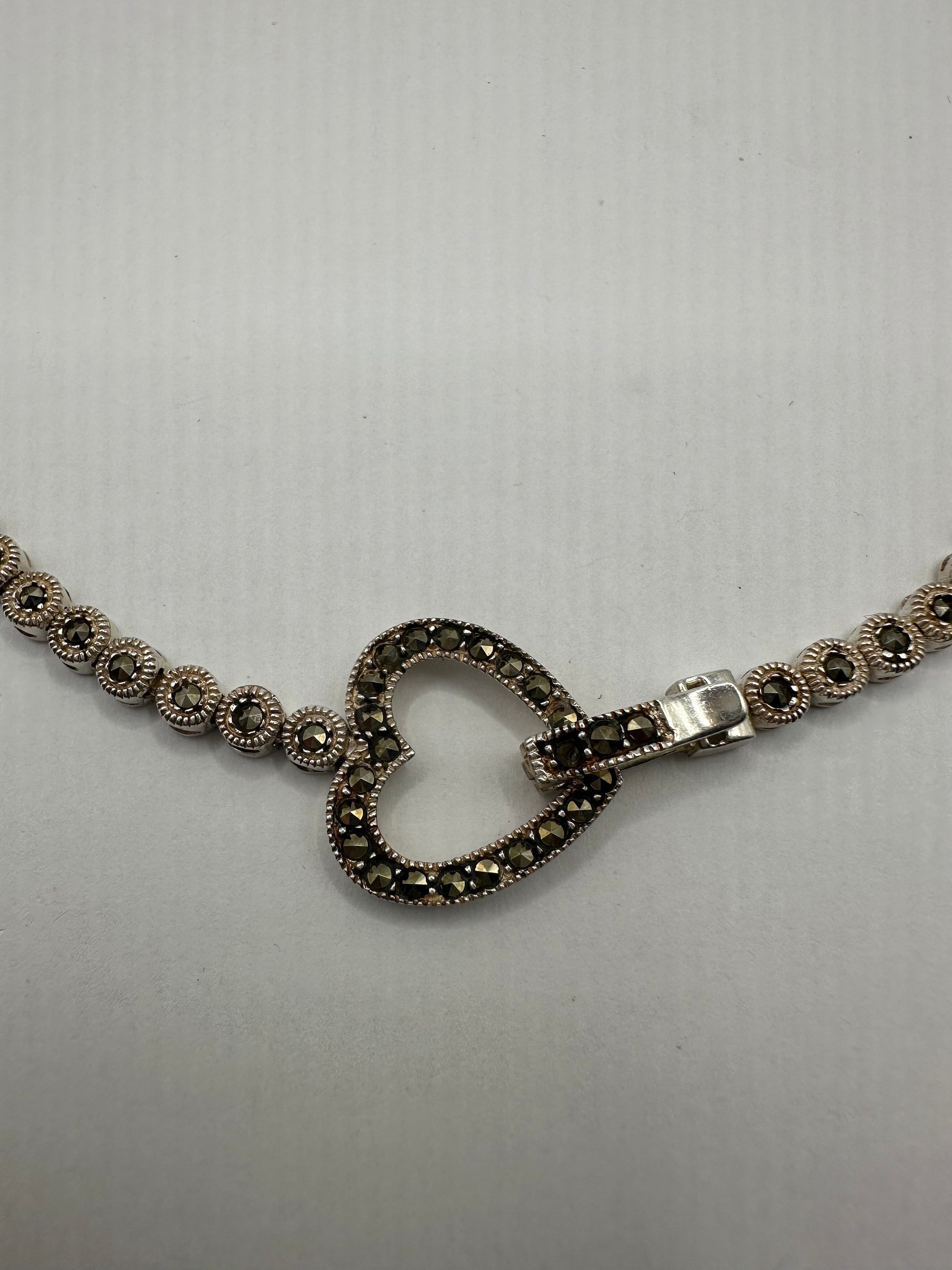 Vintage Deco Heart 925 Sterling Silver Marcasite Necklace