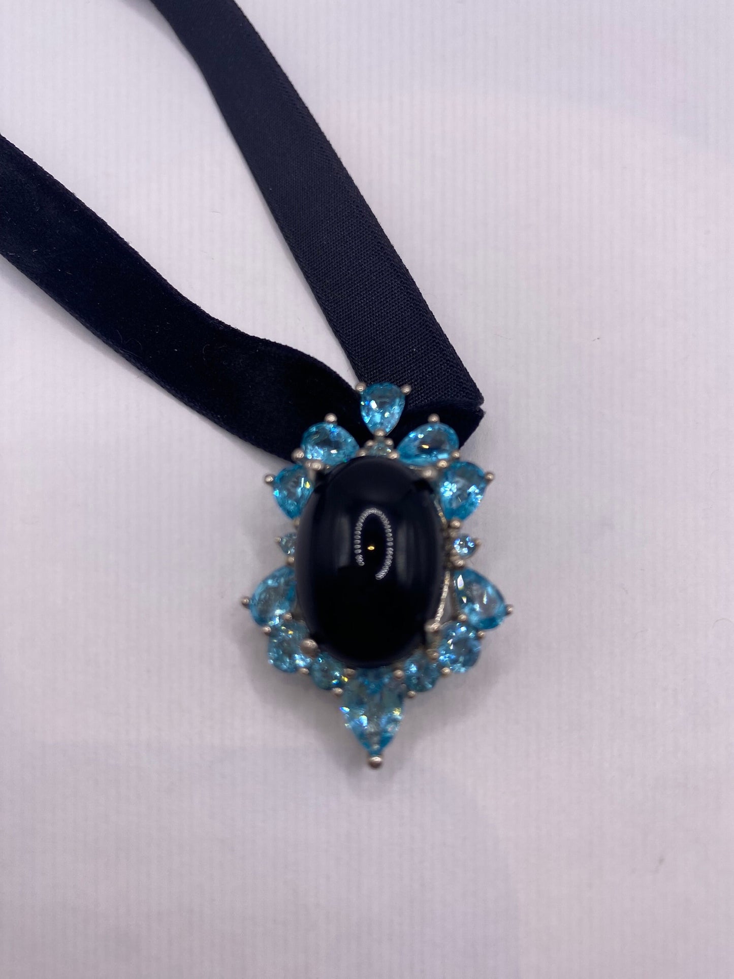 Vintage Blue Fluorite Black Onyx 925 Sterling Silver Choker Necklace Pendant
