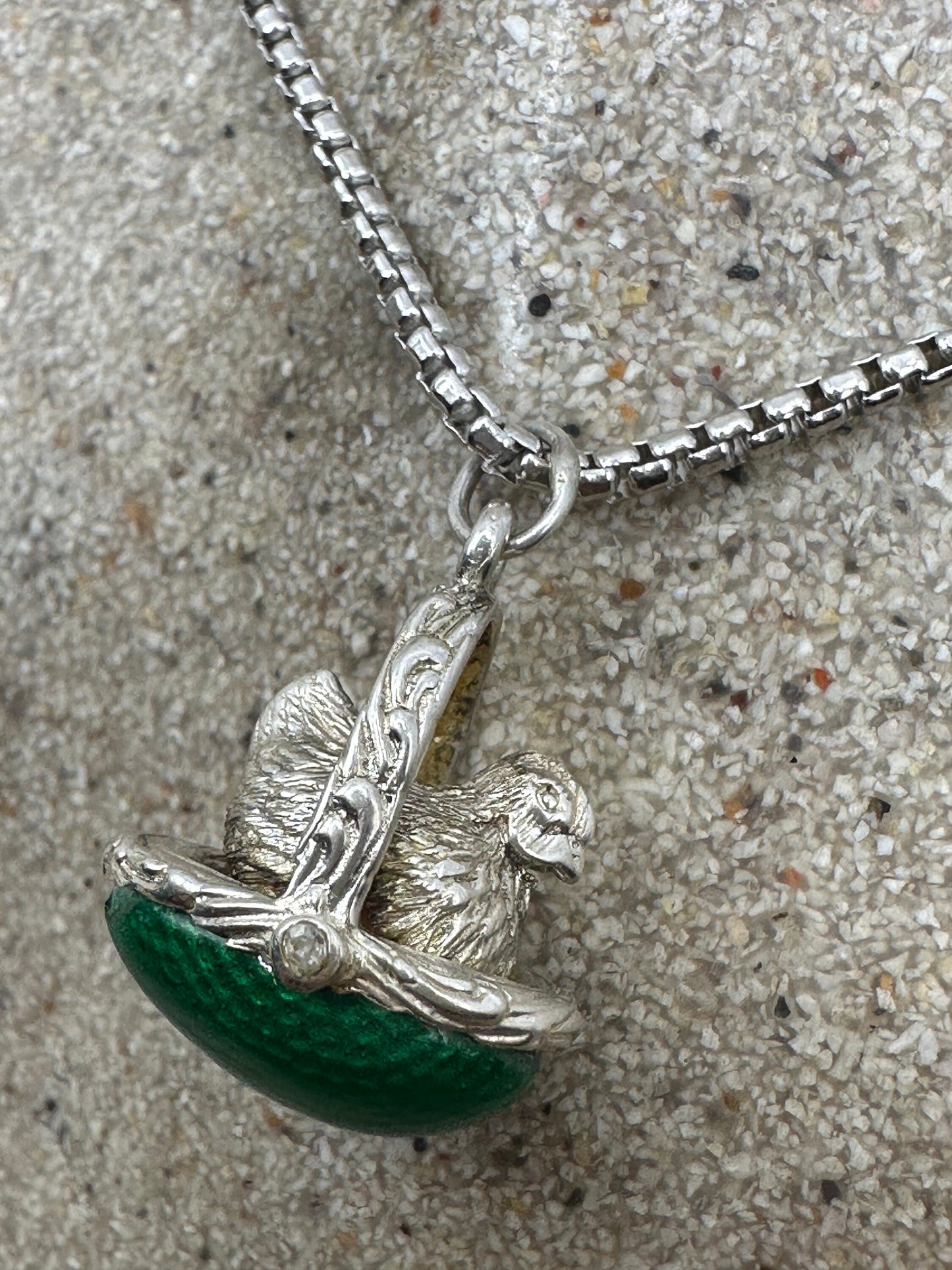 Vintage Green Enamel Chicken Choker 925 Sterling Silver Pendant Necklace