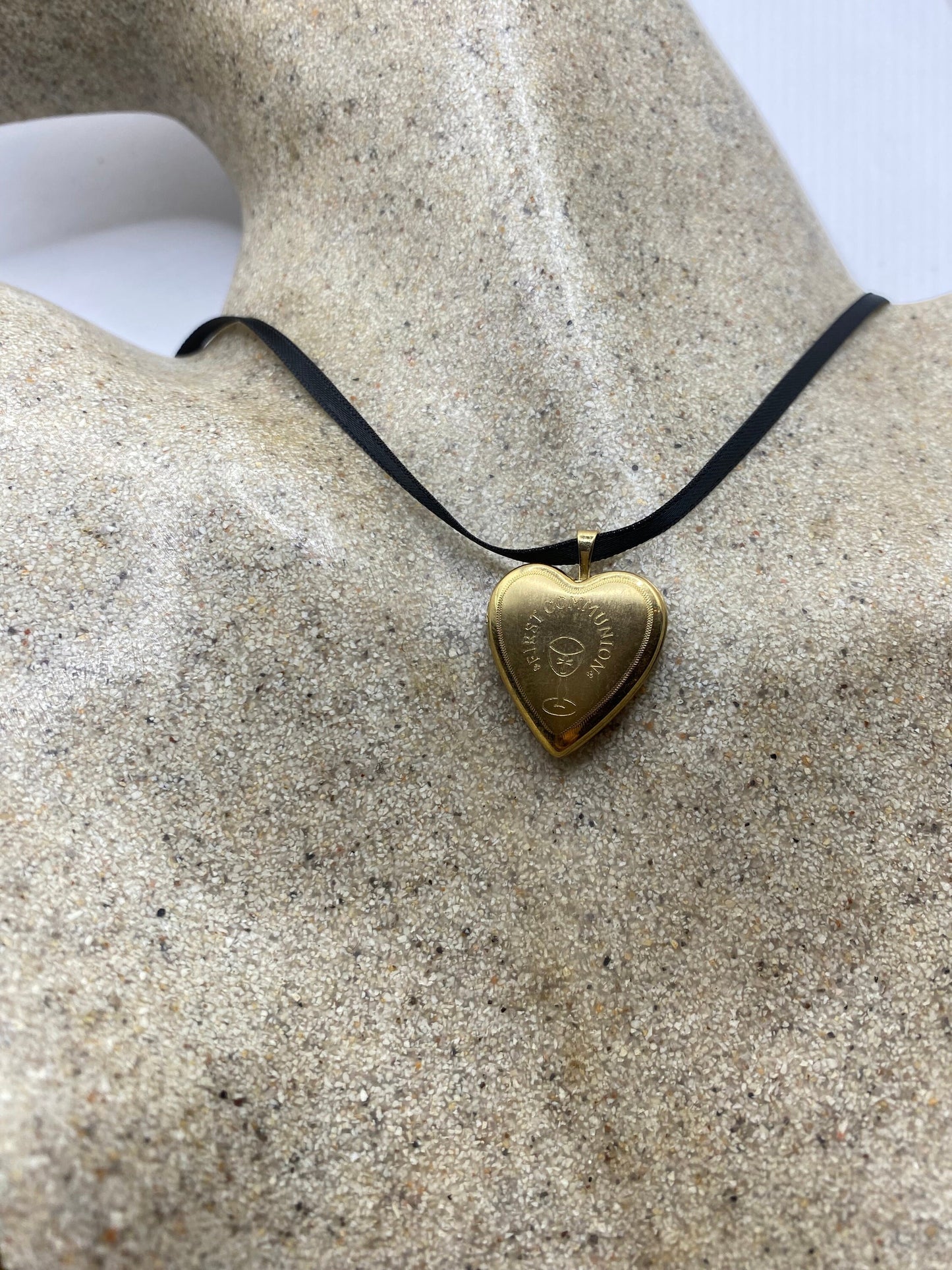 Vintage Gold Locket | Tiny Heart 9k Gold Filled Pendant Photo Memory Charm Engraved First Communion | Choker Necklace