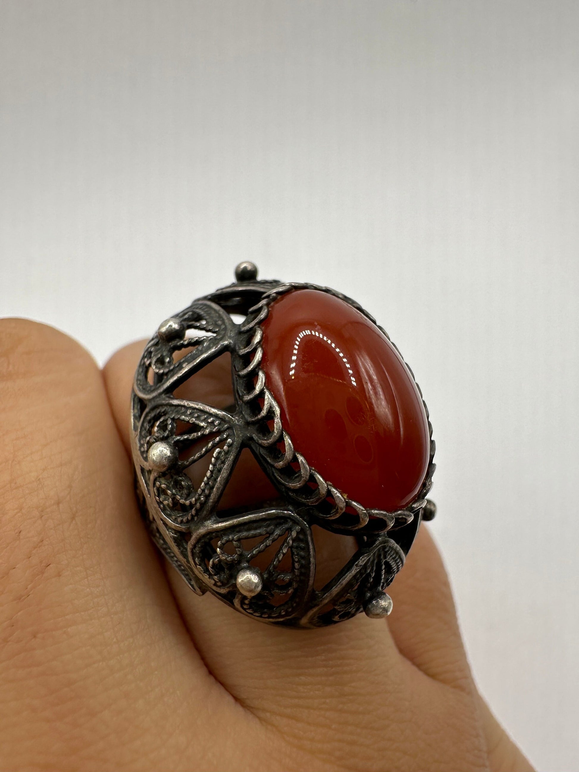 Vintage Carnelian 925 Sterling Silver Filligree Ring