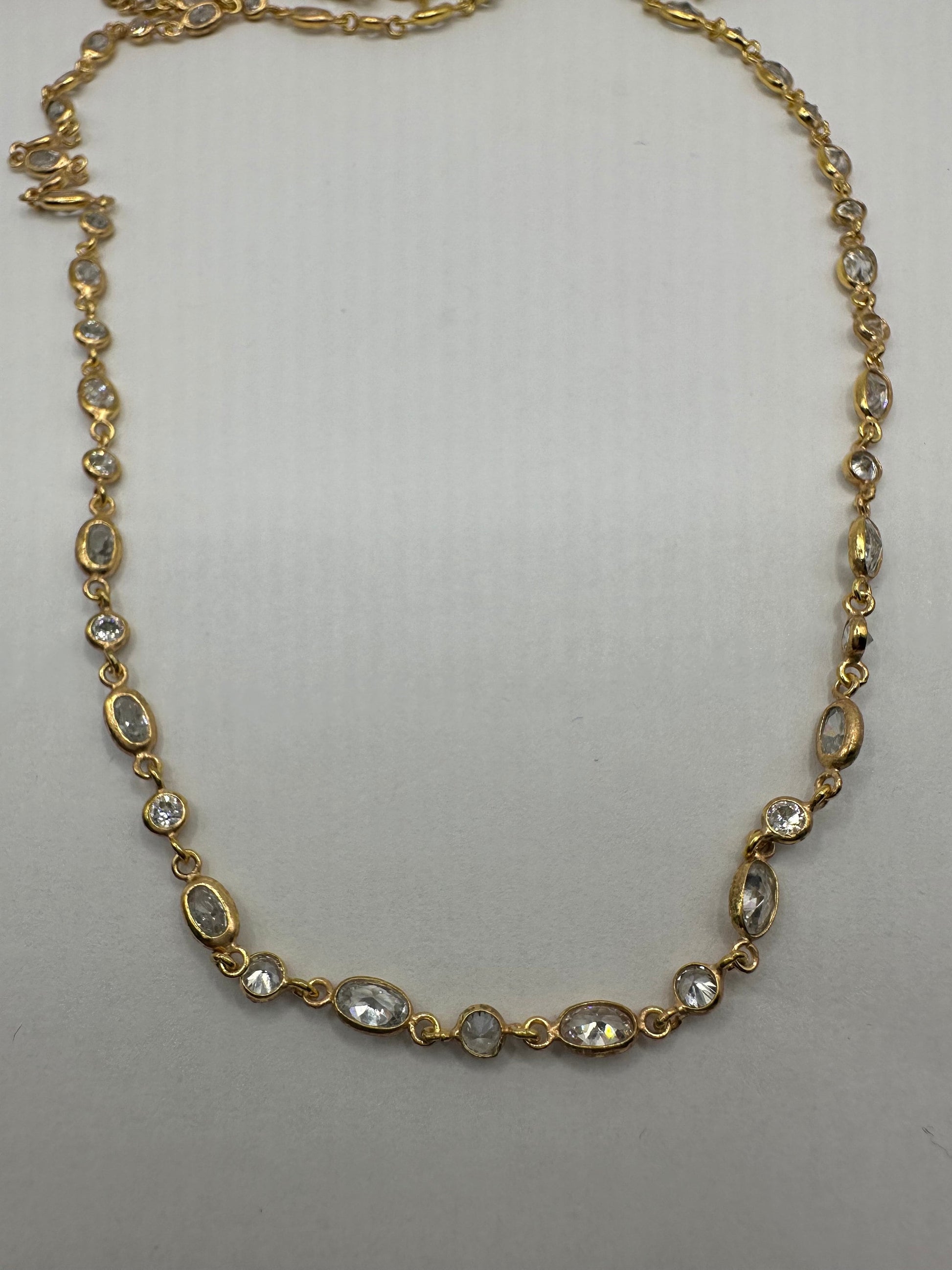 Vintage Crystal Cubic Zirconia Choker Necklace Golden 925 Sterling Silver 33 inches