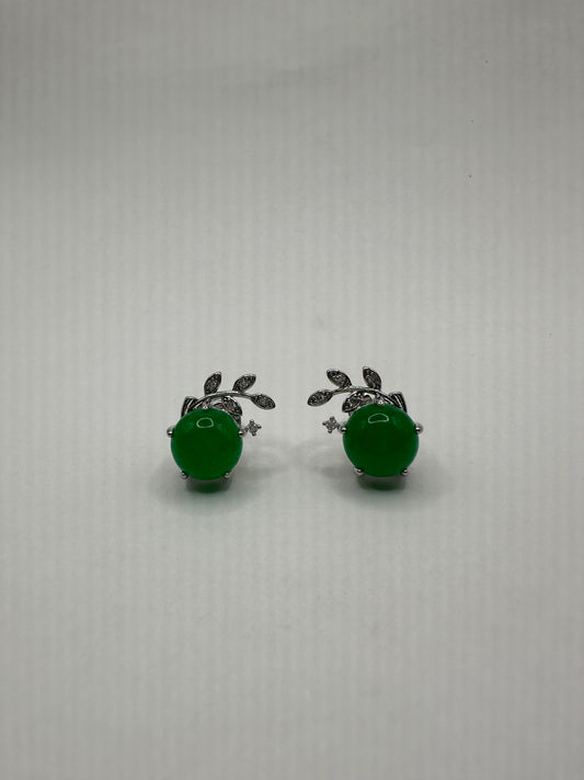 Genuine Green Jade Gemstone Silver Bronze Stud Earrings